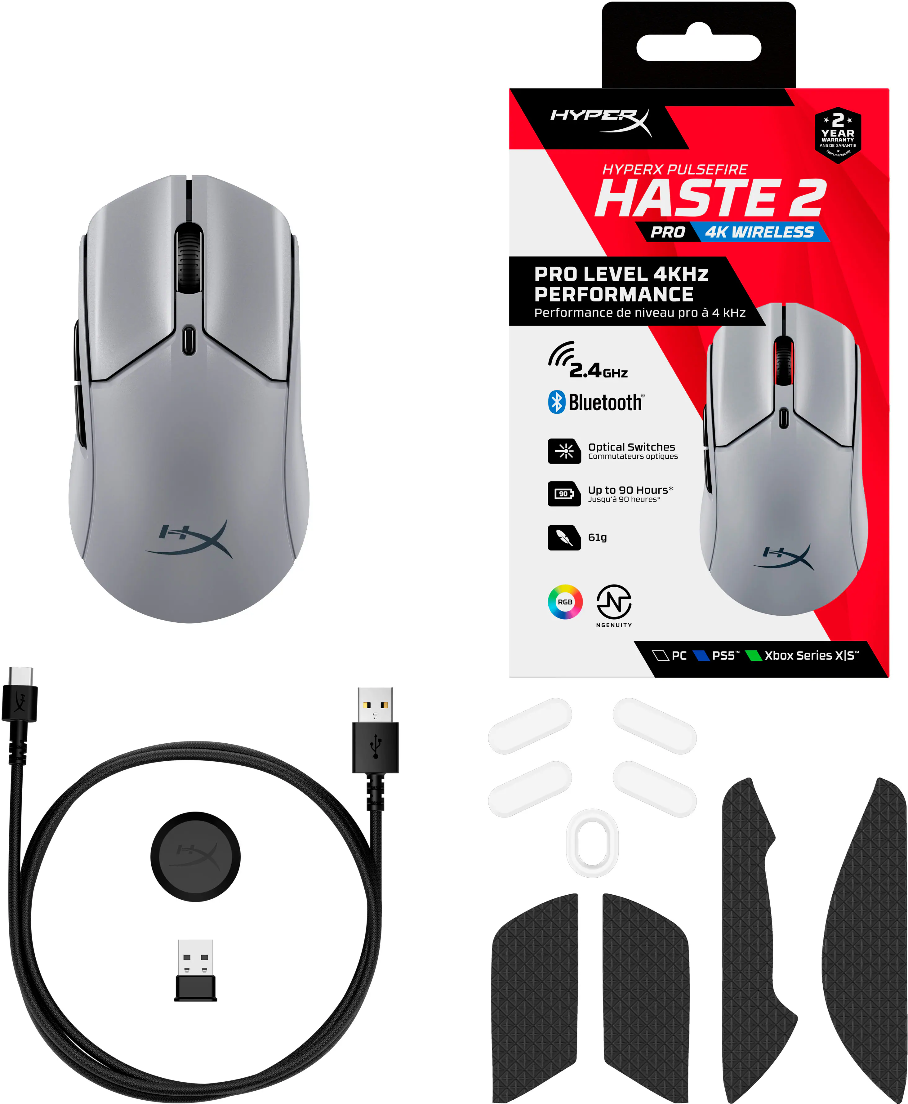 The text on the image reads: "HyperX PulseFire Haste 2 Pro 4K Wireless Pro Level 4KHz Performance."