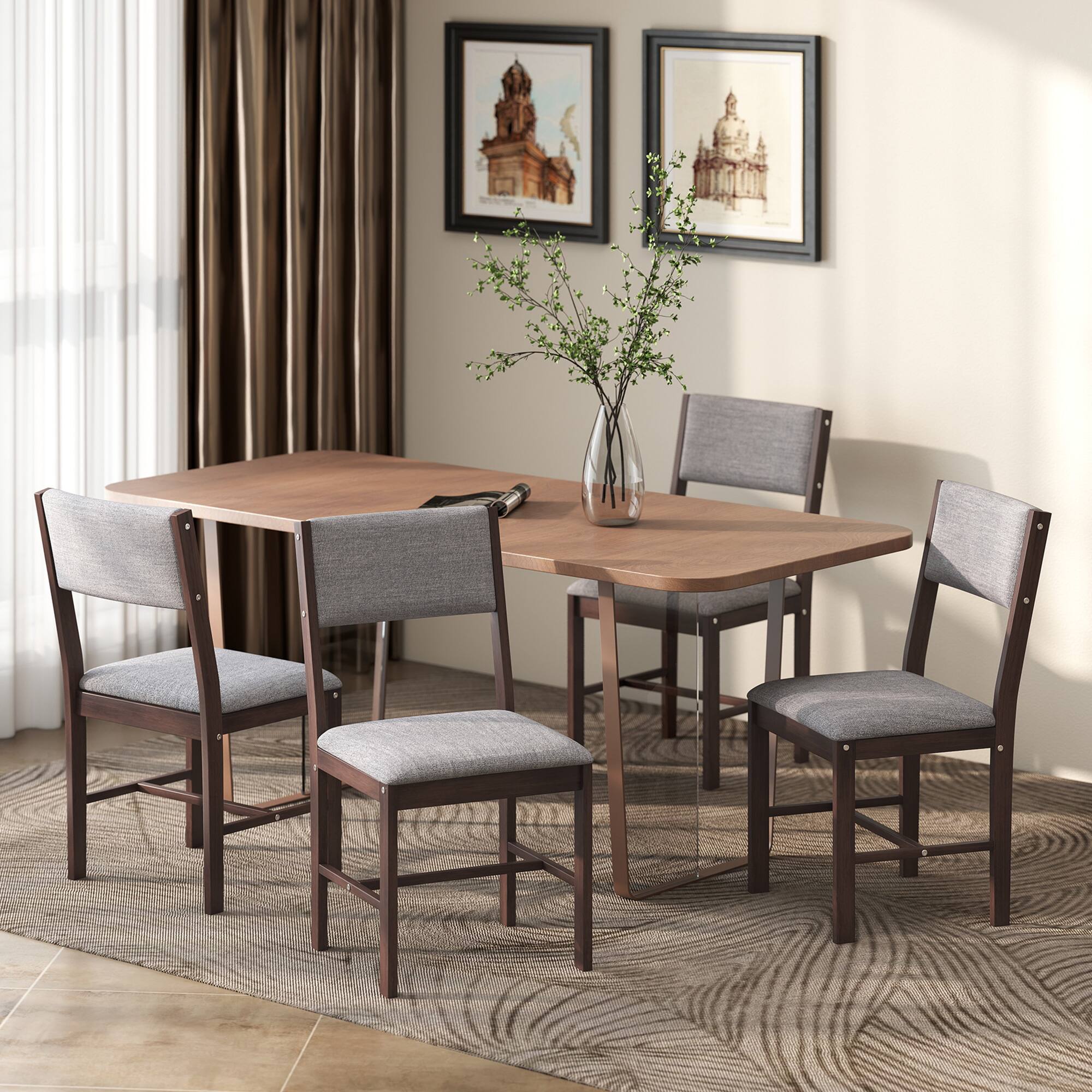 Alt View 1. Homcom - Dining Chairs Set of 4, Linen Fabric Kitchen Chairs with Rubberwood Legs for Dining Room - Walnut and Gray.