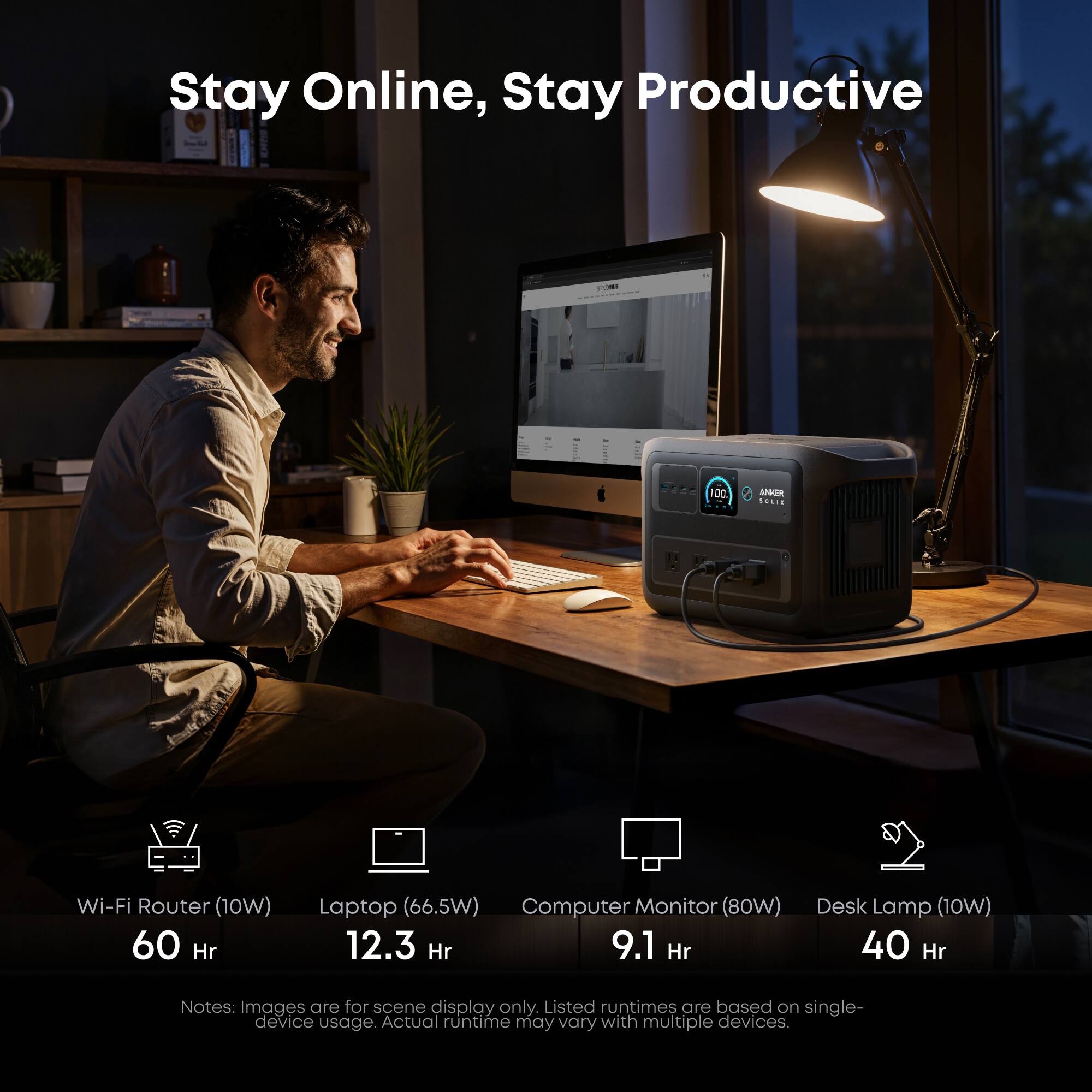 Stay Online, Stay Productive

- Wi-Fi Router (10W) 60 Hr
- Laptop (66.5W) 12.3 Hr
- Computer Monitor (80W) 9.1 Hr
- Desk Lamp (10W) 40 Hr

Notes: Images are for scene display only. Listed runtimes are based on single-device usage. Actual runtime may vary with multiple devices.