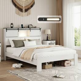 Anysun - Queen Size Metal Bed Frame with Charging Station, No Box Spring, No Noise, Easy Assembly - White