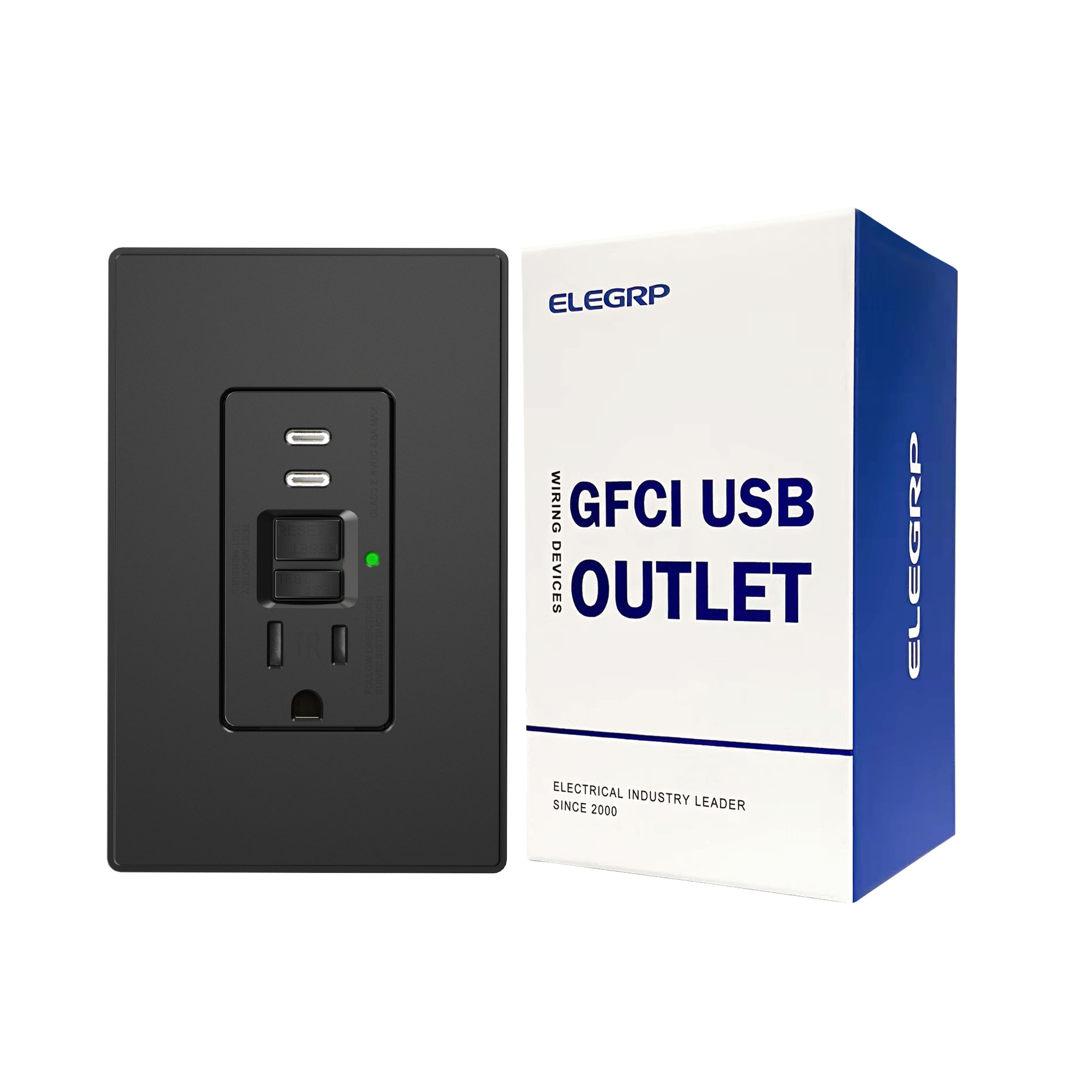 ELEGRP - 15A GFCI Outlet & USB Charger 24W Receptacle, 2-Type C,TR, w/Screwless Wall Plate, UL & CUL Listed, 1 PC - Black