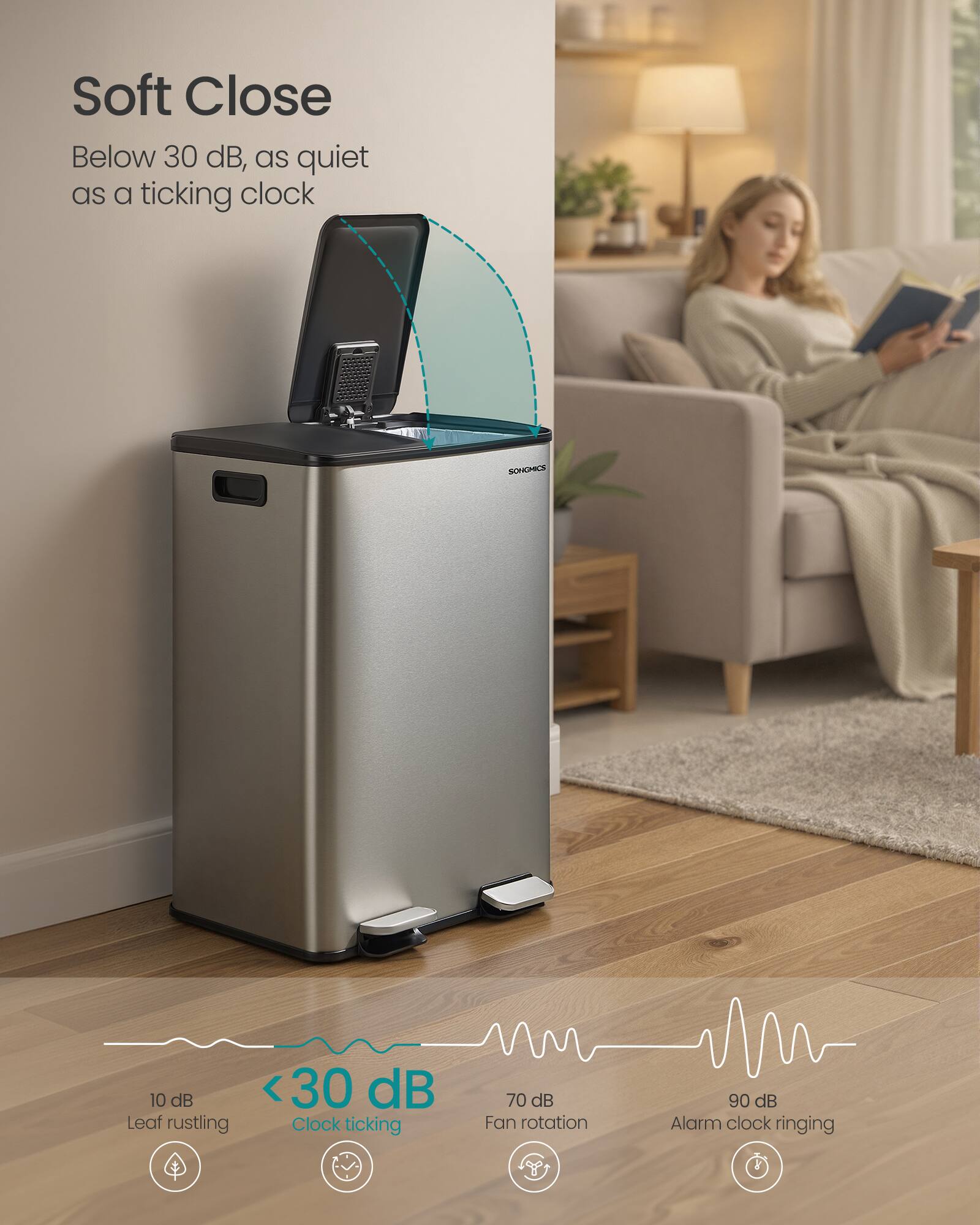 Soft Close  
Below 30 dB, as quiet as a ticking clock

ECHOMICS

10 dB Leaf rustling  
30 dB Clock ticking  
70 dB Fan rotation  
90 dB Alarm clock ringing