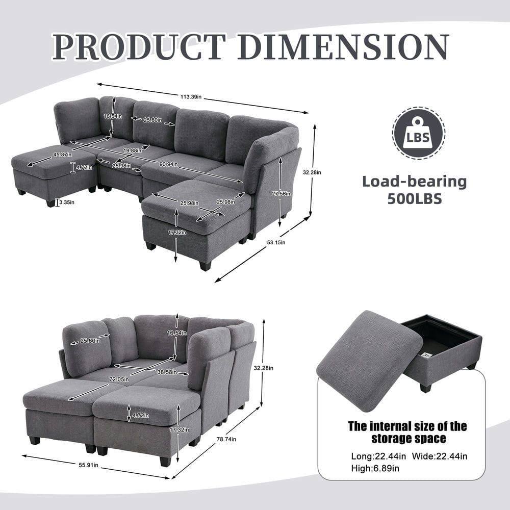 PRODUCT DIMENSION

- Length: 113.39in
- Width: 45.87in
- Height: 32.28in
- Seat Height: 19.88in
- Armrest Height: 25.98in
- Depth: 90.94in
- Seat Depth: 25.98in
- Armrest Width: 25.60in
- Back Height: 53.15in
- Load-bearing: 500LBS

The internal size of the storage space:
- Long: 22.44in
- Wide: 22.44in
- High: 6.89in