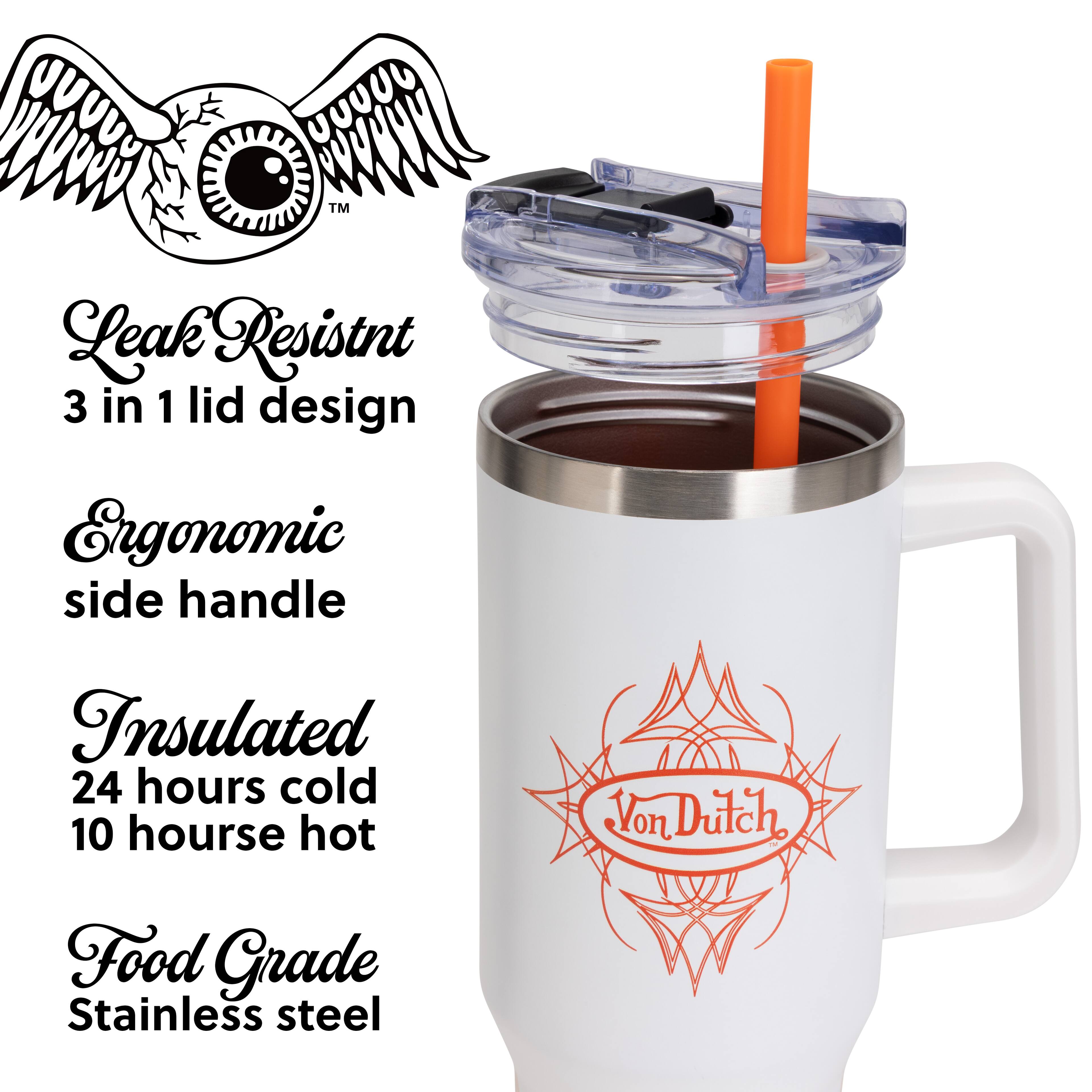 Leak Resistant  
3 in 1 lid design  
Ergonomic side handle  
Insulated  
24 hours cold  
10 hours hot  
Food Grade Stainless steel