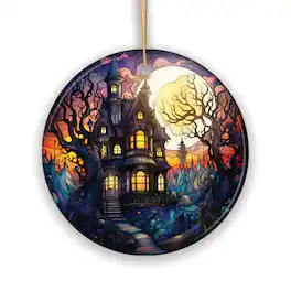 OrnamentallyYou - Haunted House Amidst Spooky Woods Stained Glass Style Ceramic Ornament Halloween Themed Christmas - Multi-colored