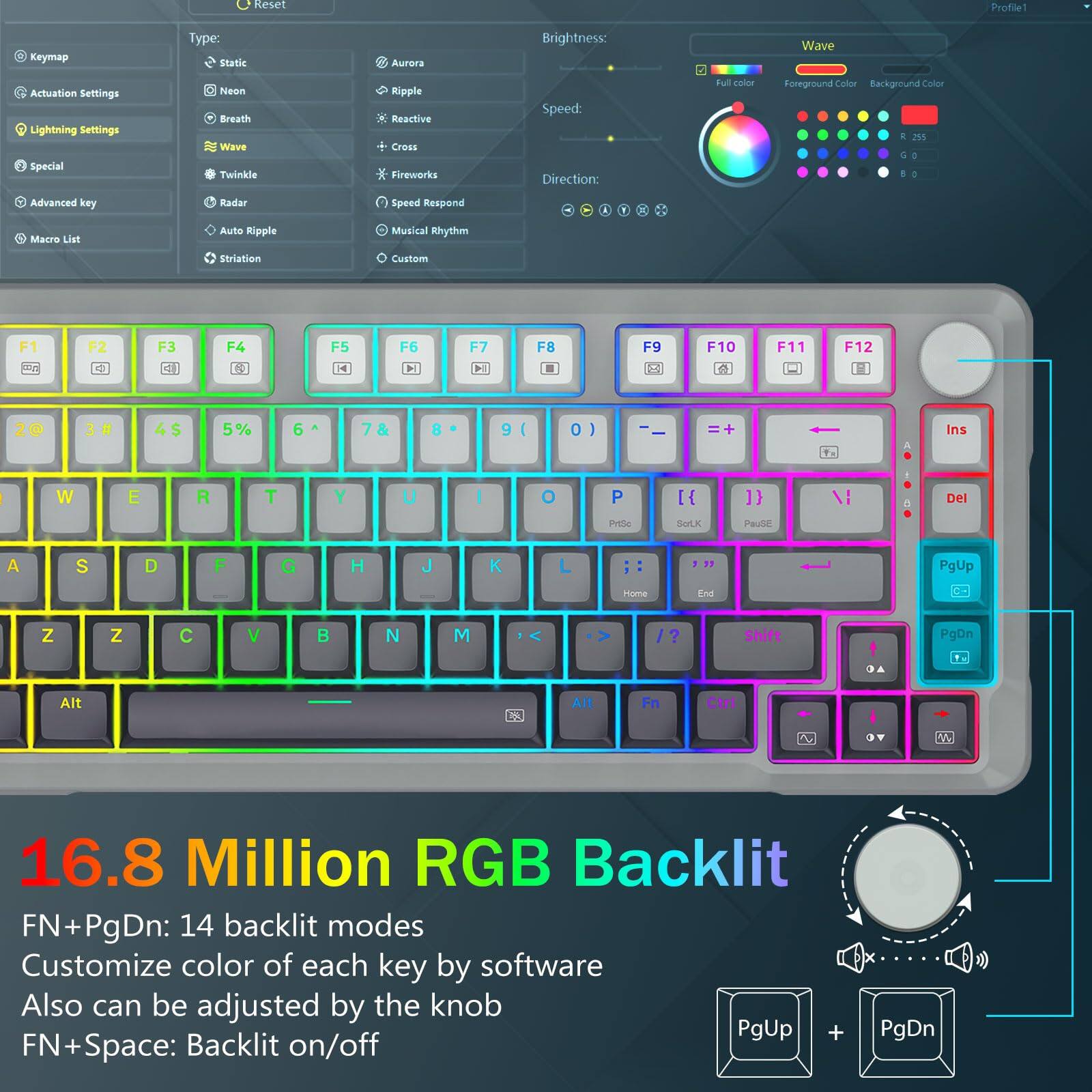 **Reset Profile 1**

**Keymap Type:** Static

**Aurora Brightness:** Wave

**Actuation Settings:** Lightning Settings

**Special:** Neon Breath wave Twinkle Ripple Reactive Cress Fireworks

**Speed:** Direction: Full color Foreground Color Background Color

**Advanced key:** Radar Speed Respond

**Macro List:** Auto Ripple Musical Rhythm Eiriation Custom

**Keymap:**
- F1: 1
- F2: 2
- F3: 3
- F4: 4
- F5: 5
- F6: 6
- F7: 7
- F8: 8
- F9: 9
- F10: 0
- F11: -
- F12: =

**Layout:**
- 1: 1
- 2: 2
- 3: 3
- 4: 4
- 5: 5
- 6: 6
- 7: 7
- 8: 8
- 9: 9
- 0: 0
- -: -
- =: +
- A: A
- S