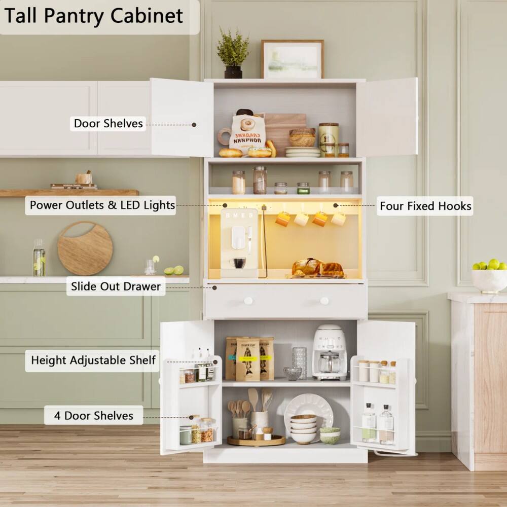 Tall Pantry Cabinet Door Shelves  
Power Outlets & LED Lights  
Four Fixed Hooks  
Slide Out Drawer  
Height Adjustable Shelf  
4 Door Shelves