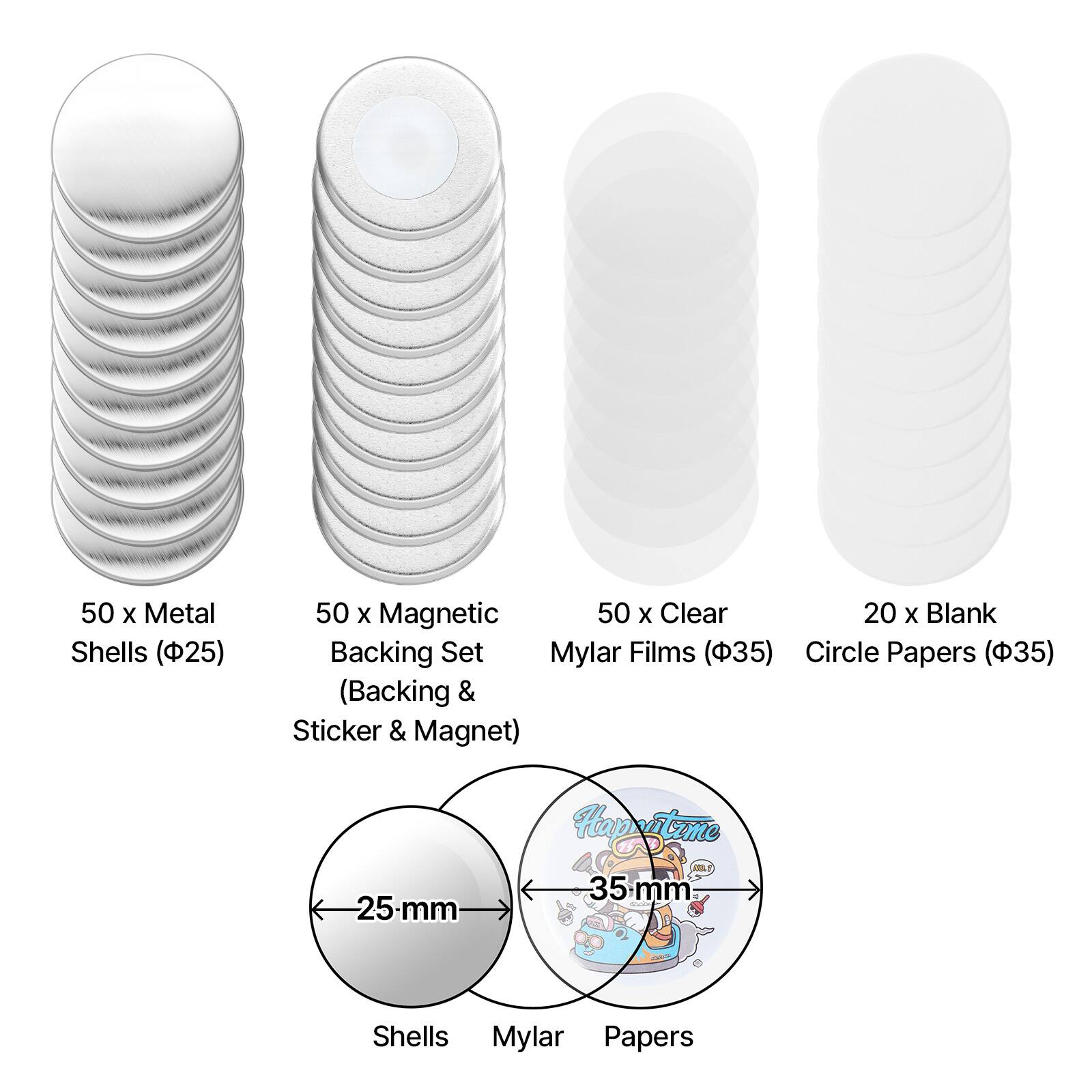 50 x Metal Shells (25 mm)  
50 x Magnetic Backing Set (Backing & Sticker & Magnet)  
50 x Clear Mylar Films (35 mm)  
20 x Blank Circle Papers (35 mm)