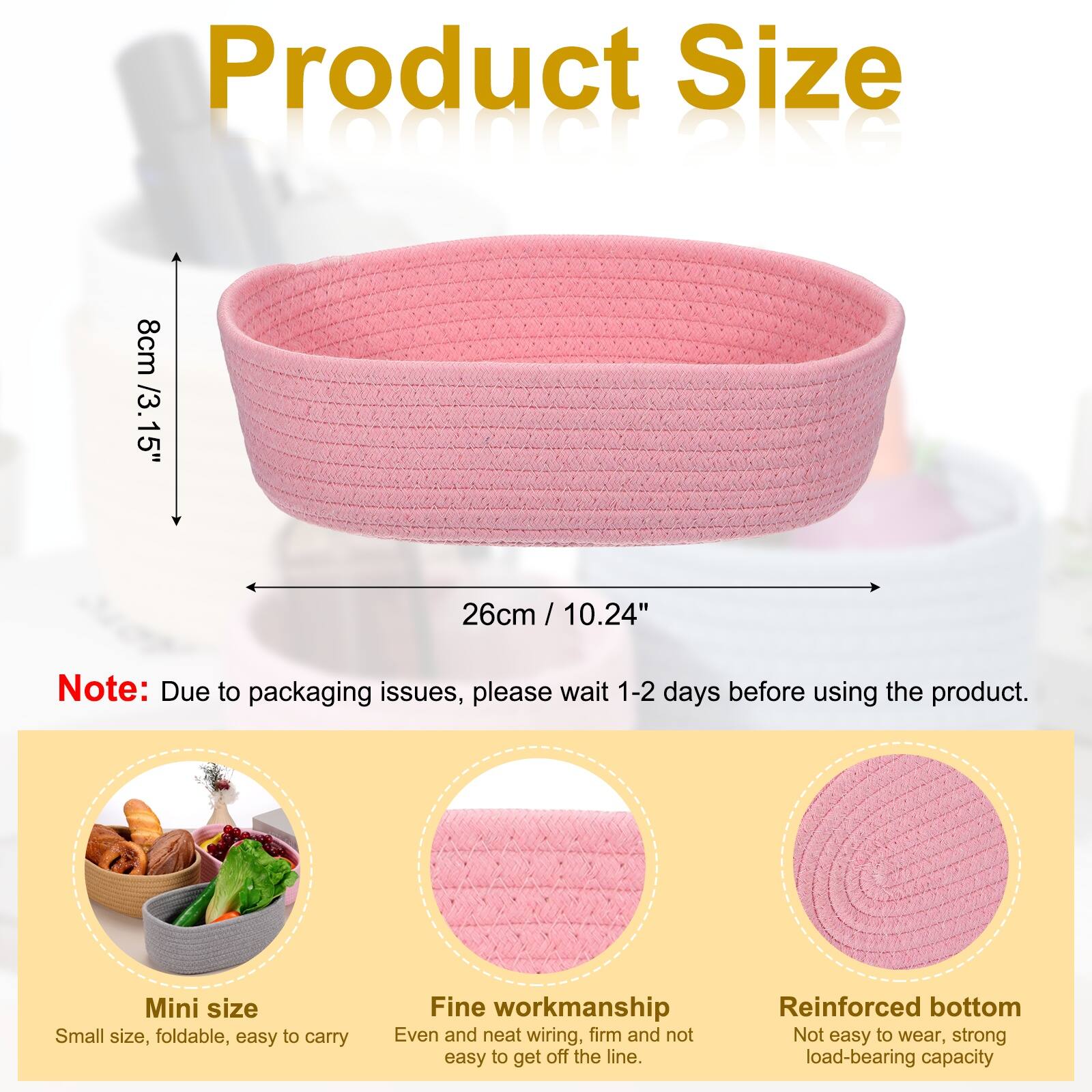 Product Size

8cm / 3.15"  
26cm / 10.24"

Note: Due to packaging issues, please wait 1-2 days before using the product.

Mini size  
Small size, foldable, easy to carry

Fine workmanship  
Even and neat wiring, firm and not easy to get off the line

Reinforced bottom  
Not easy to wear, strong load-bearing capacity