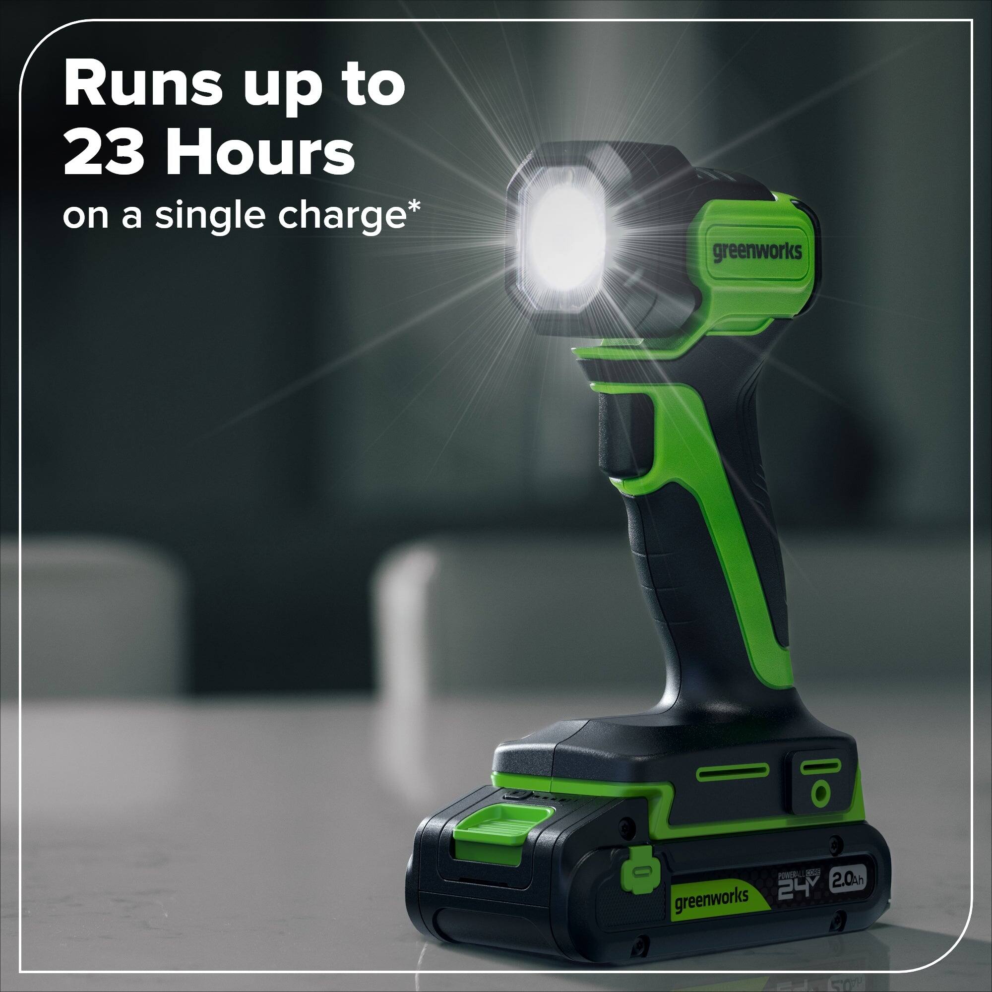 Runs up to 23 Hours on a single charge*  
greenworks FE - 24 2.0