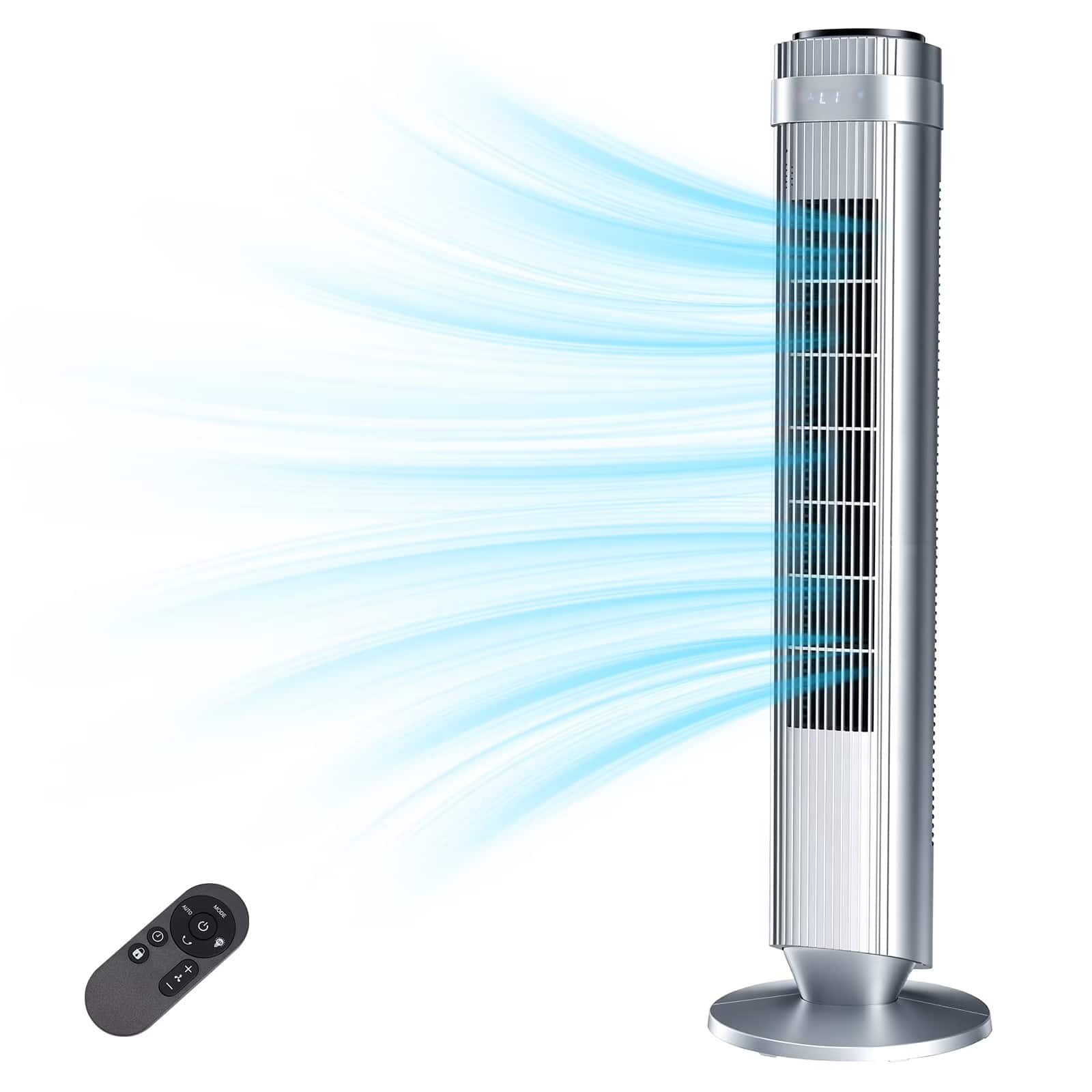Sweet - 36" Bladeless Tower Fan with 5 Speeds, 64° Oscillation, Remote Control & 12-Hour Timer - Silvery