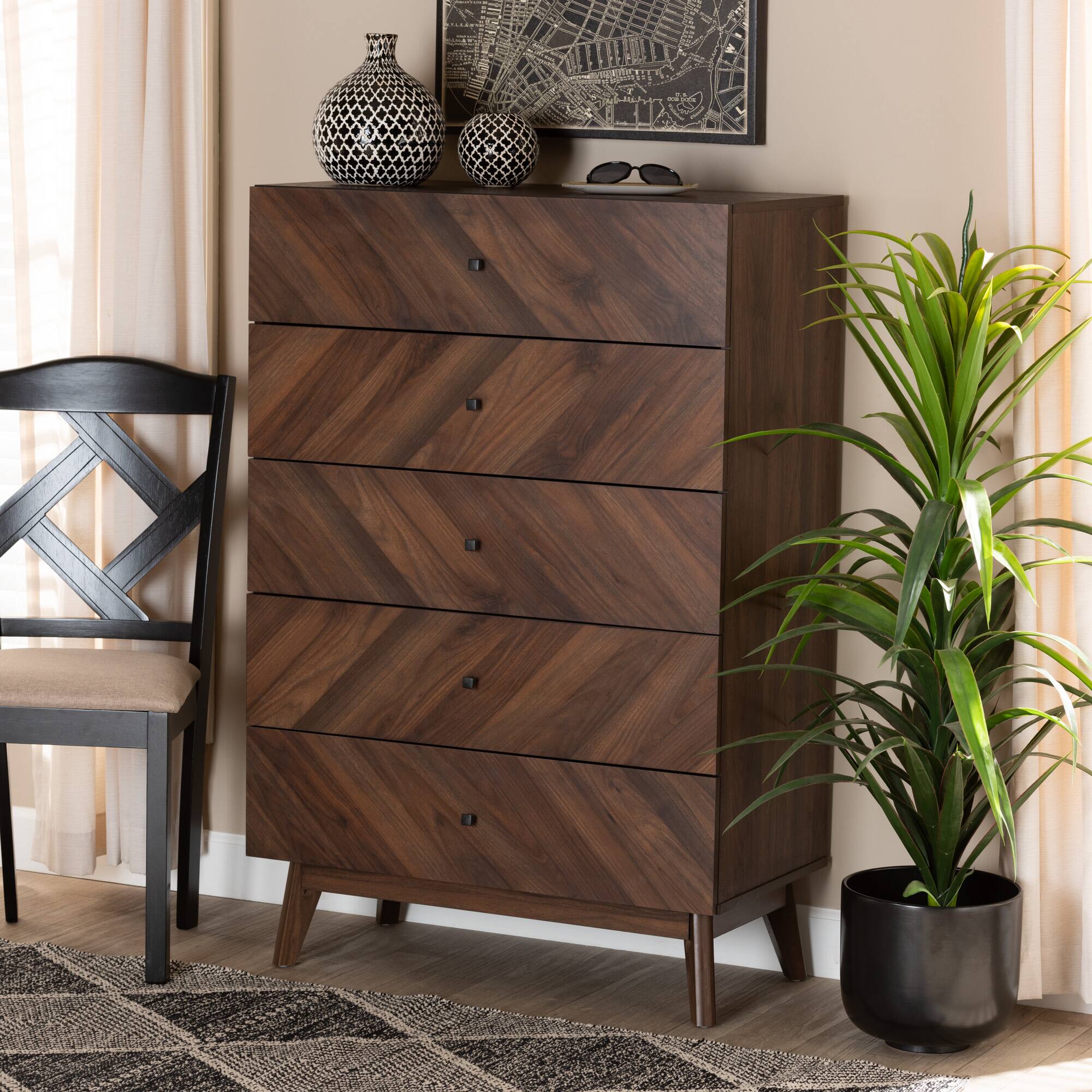 Alt View 4. Baxton Studio - Hartman Mid-Century Modern Finished Wood 5-Drawer Storage Chest - Walnut Brown.