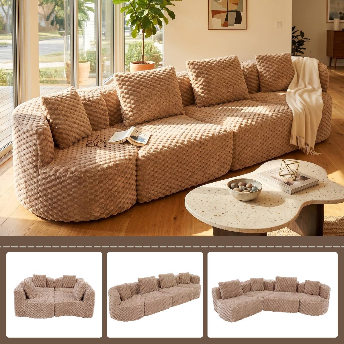 Front. Ropilly - Ropilly 137.8 Inch Modular Sectional Sofa, Camel Bubble Velvet Upholstered Oversized 4 Seat Sofa - Camel.