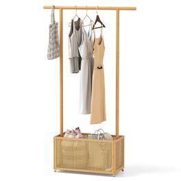 Costway - Bamboo Clothes Rack with Rattan Storage Basket & Wheels, Rolling Garment Rack - Beige
