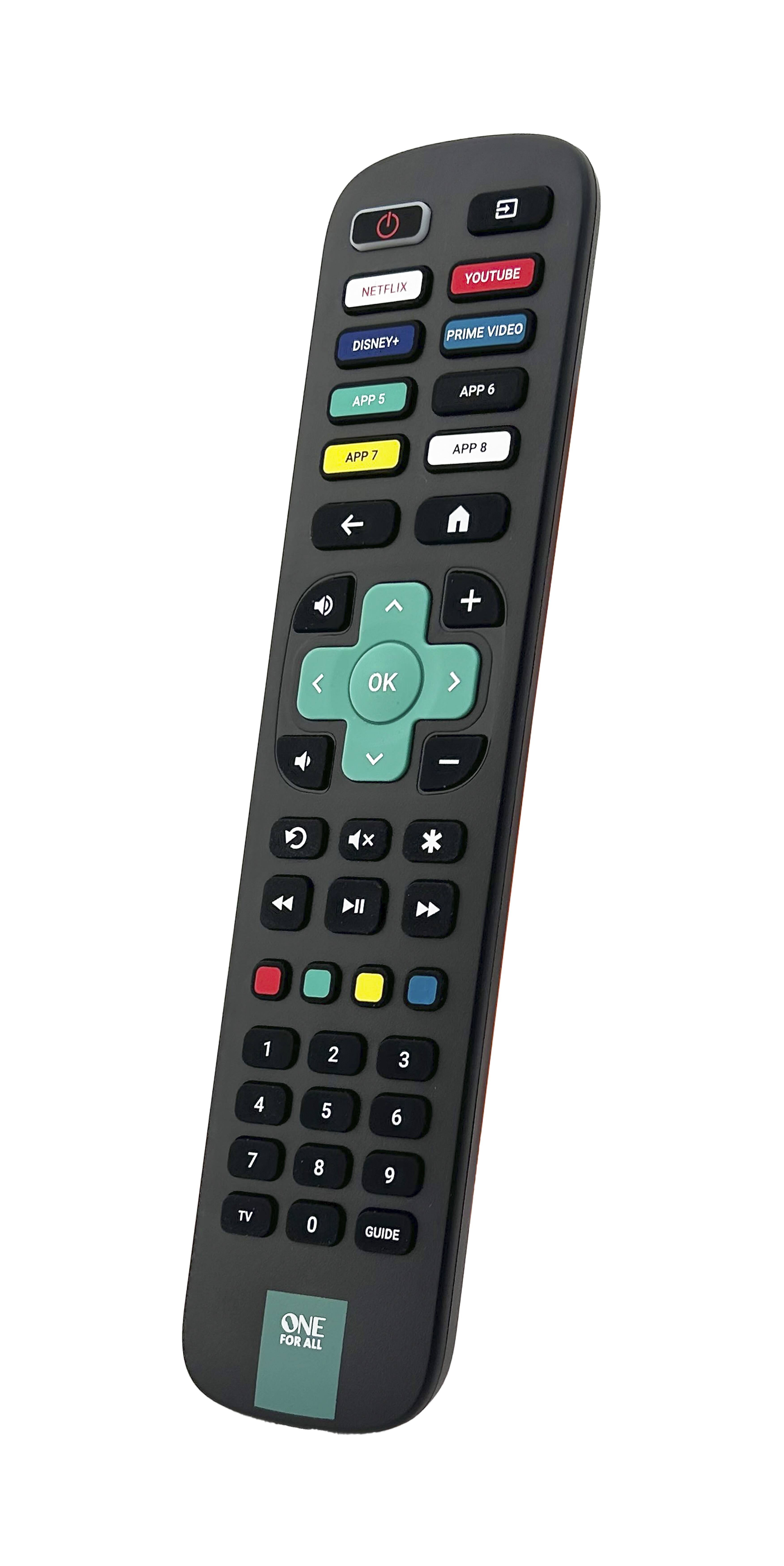 NETFLIX, YOUTUBE, DISNEY+, PRIME VIDEO, APP 1, APP 2, APP 3, APP 4, APP 5, APP 6, APP 7, TV, GUIDE, ONE FOR ALL.