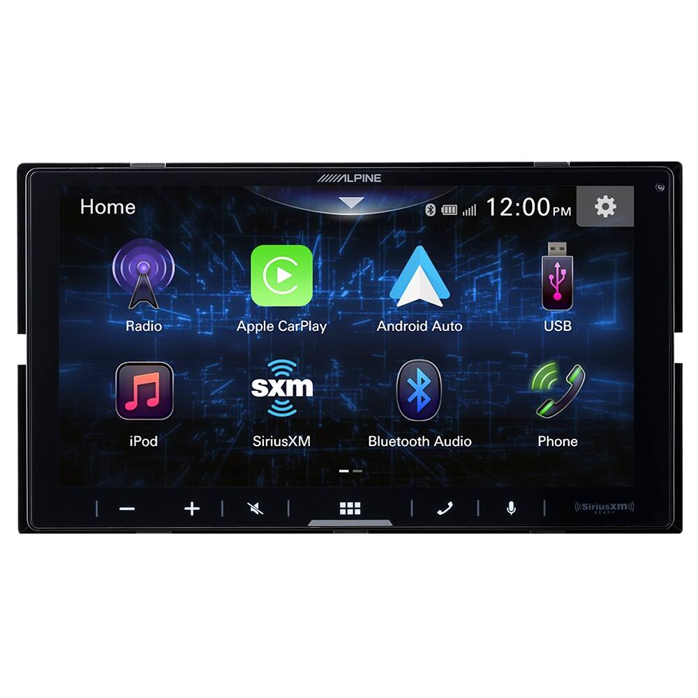 Home 1LPINE  
12:00 PM  
Radio Apple CarPlay Android Auto USB iPod SiriusXM Bluetooth Audio Phone - + @Siriusxm