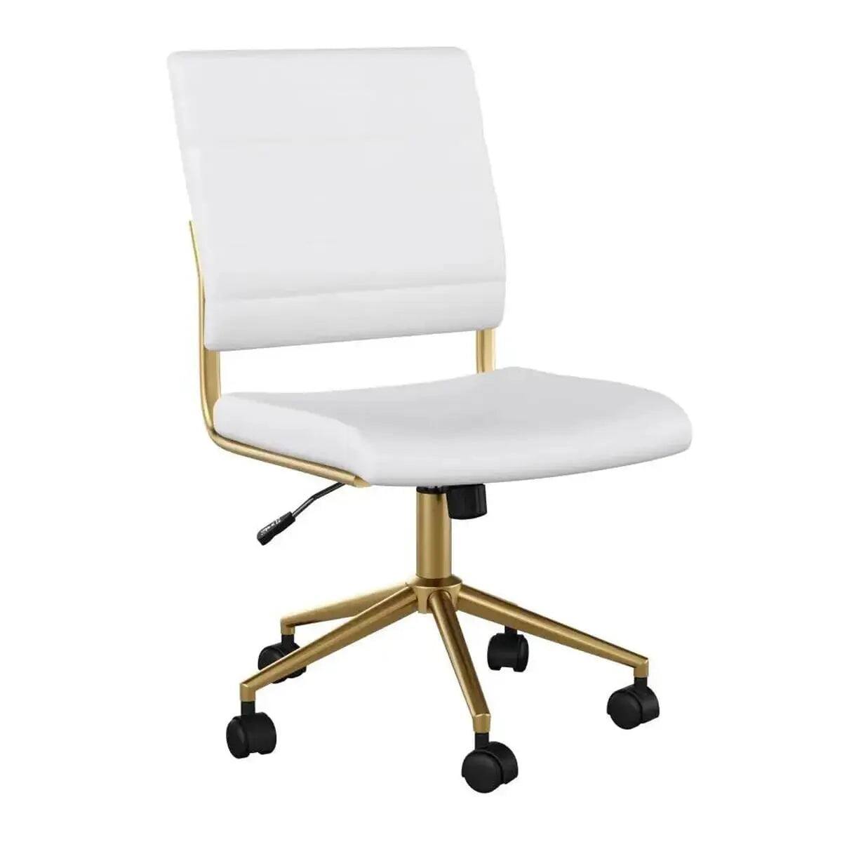 Angle. Martha Stewart - Elegant Armless Swivel Office Chair for Home & Desk - White Faux Leather/Polished Brass.
