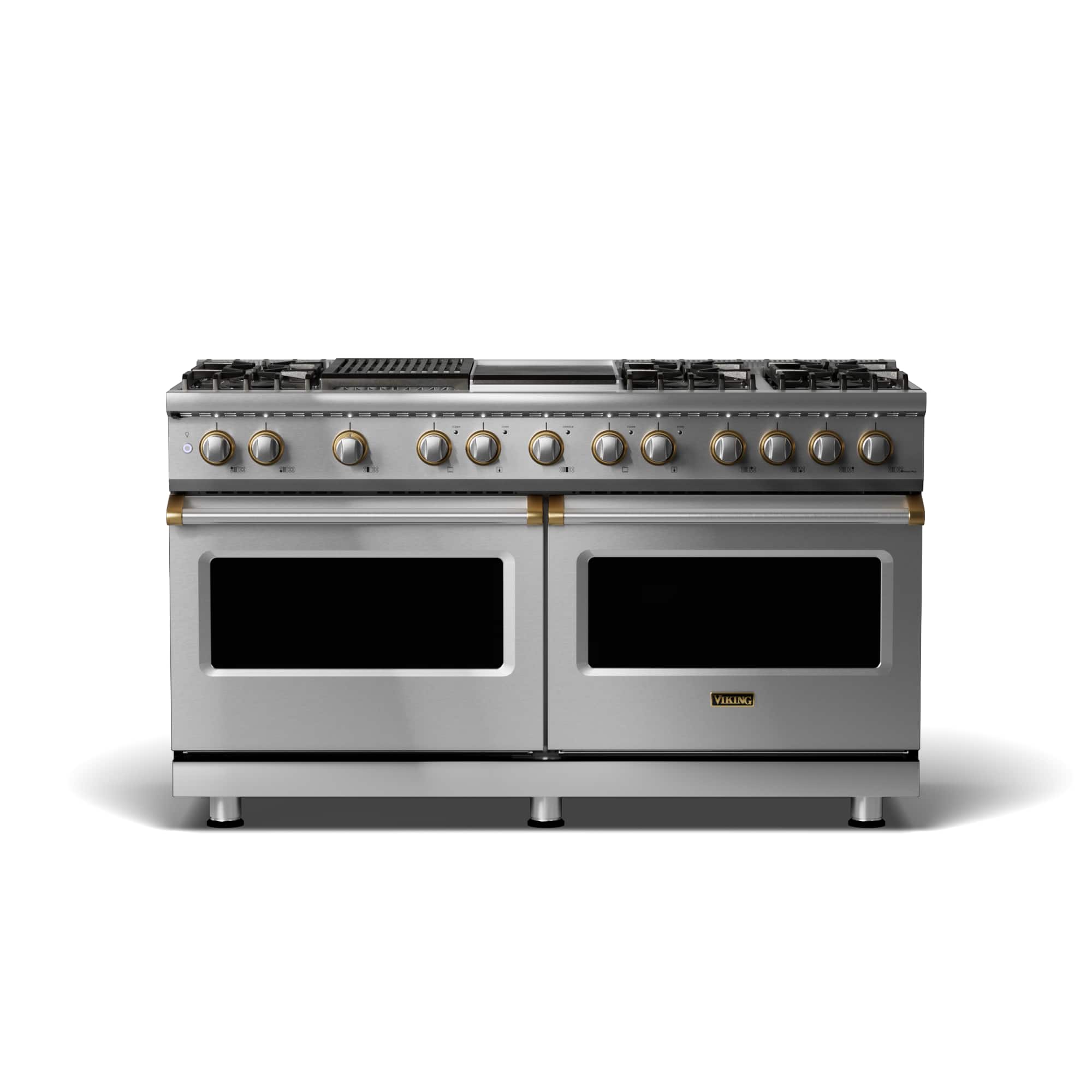 Front. Viking - 5-Series Dual Fuel Self-Clean 60"W Sealed Burner Range - Stainless with Brushed Brass Accents.