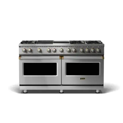 Front. Viking - 5-Series Dual Fuel Self-Clean 60"W Sealed Burner Range - Stainless with Brushed Brass Accents.