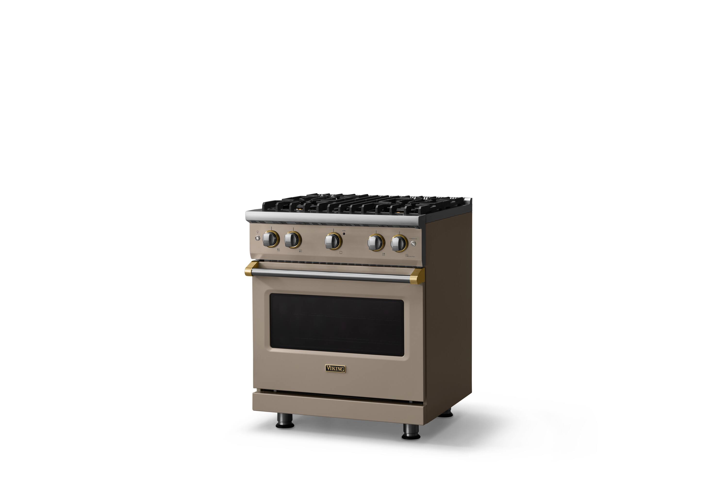 Angle. Viking - 30 in. Wide Pro 5 Series 4.0 Cu. Ft. Freestanding Sealed 4 Burner Gas Convection Range - Nantucket/Brushed Brass - Nantucket.