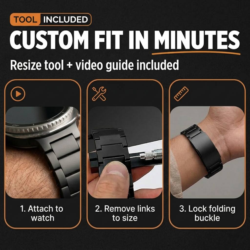 TOOL INCLUDED  
CUSTOM FIT IN MINUTES  
Resize tool + video guide included  

1. Attach to watch  
2. Remove links to size  
3. Lock folding buckle