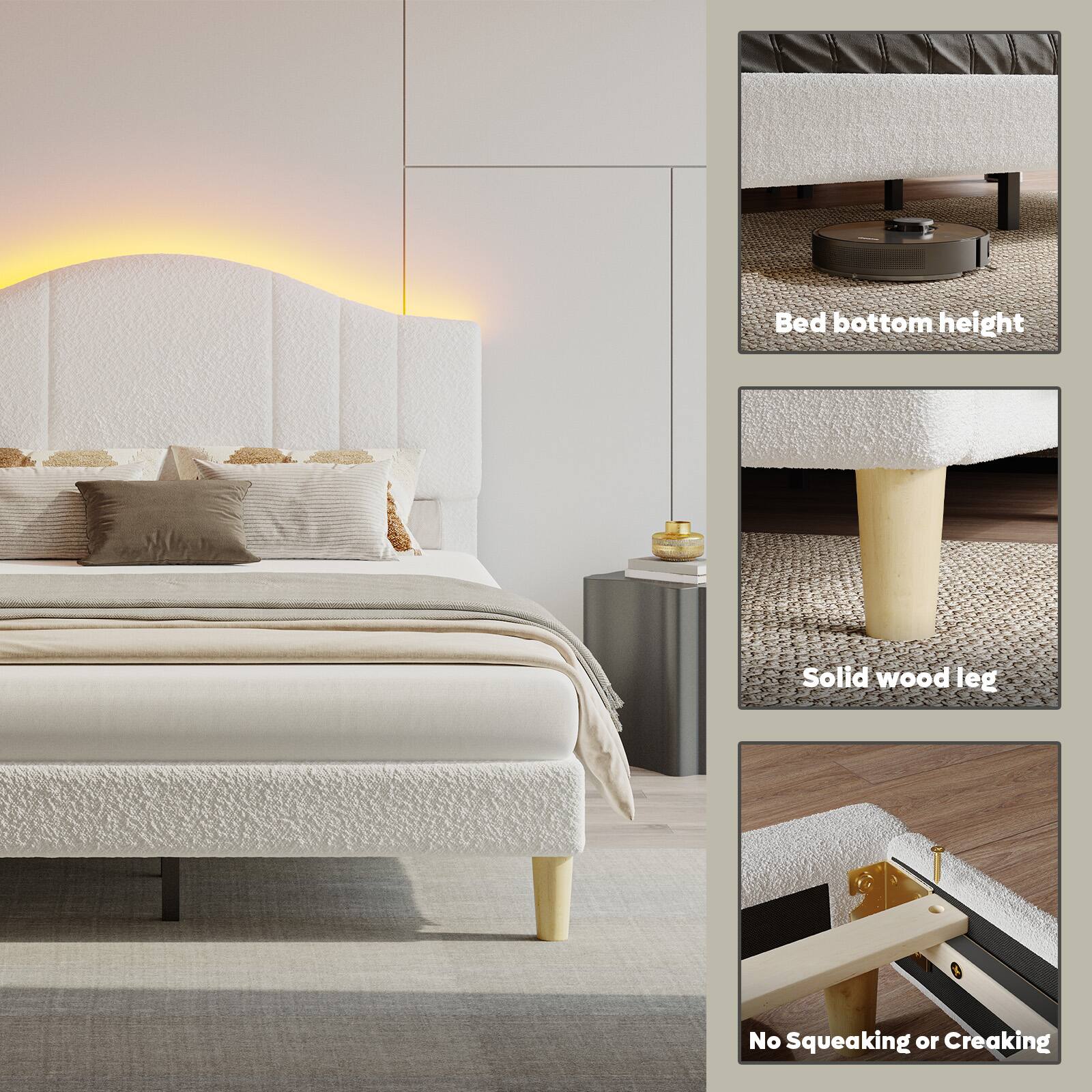 Bed bottom height: The bed has a bed bottom height of 10 inches.

Solid wood leg: The bed has a solid wood leg, which adds stability and durability to the bed frame.

No Squeaking or Creaking: The bed is designed to minimize squeaking or creaking, ensuring a quiet and comfortable sleeping experience.