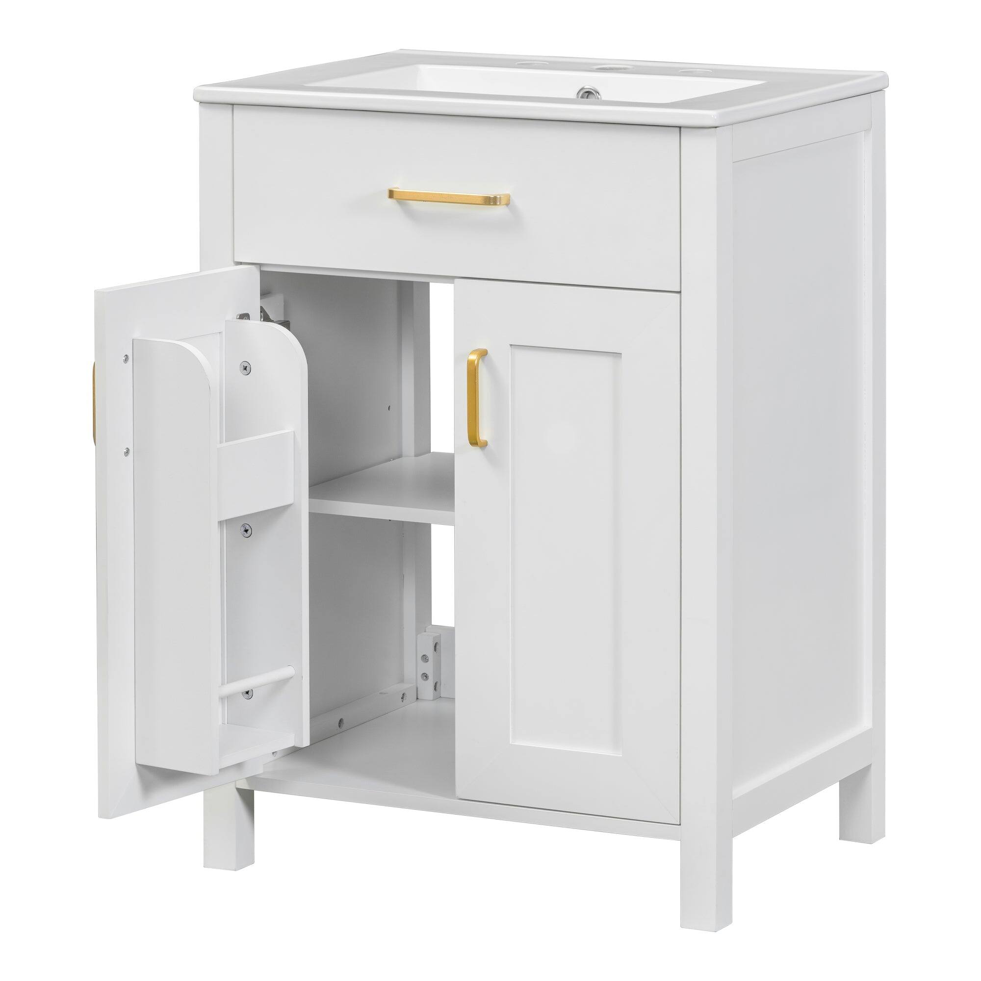 Back. Boyel Living - 48 Inch Double Bathroom Vanity with Dual Ceramic Sinks, Soft-Close Doors, Flip Drawer, Gold Handles, Adjustable Shelf - White.