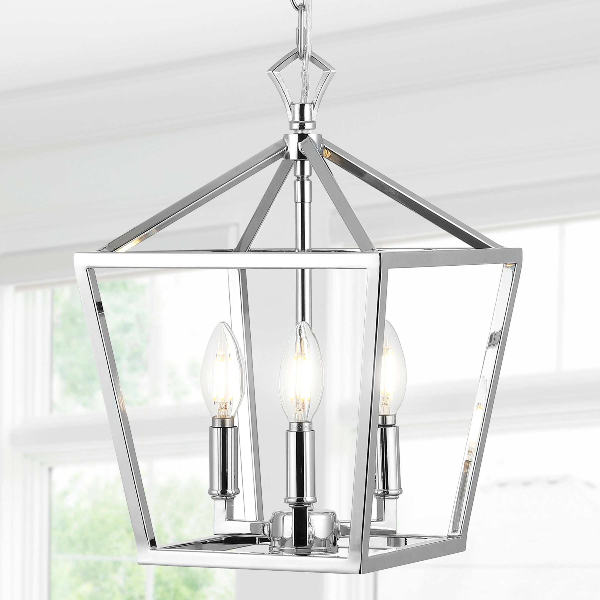 Alt View 1. Jonathan Y - Ojai 10" 3-Light Iron Classic Modern Pagoda LED Pendant Lantern, Chrome - Chrome.