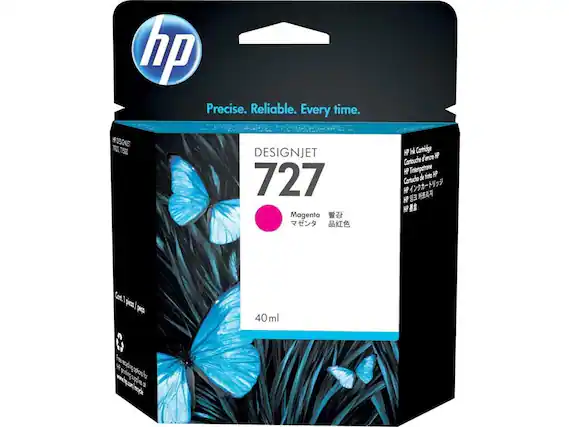 hp Precise. Reliable. Every time.
DESIGNJET 727
Magenta
HP Ink Cartridge
HP Cartouche d'encre
HP Tintenpatrone
HP de fine Cortucho
HP
Gont) pem
& mainiy Laot
www.pue/noya
d 40 0ml