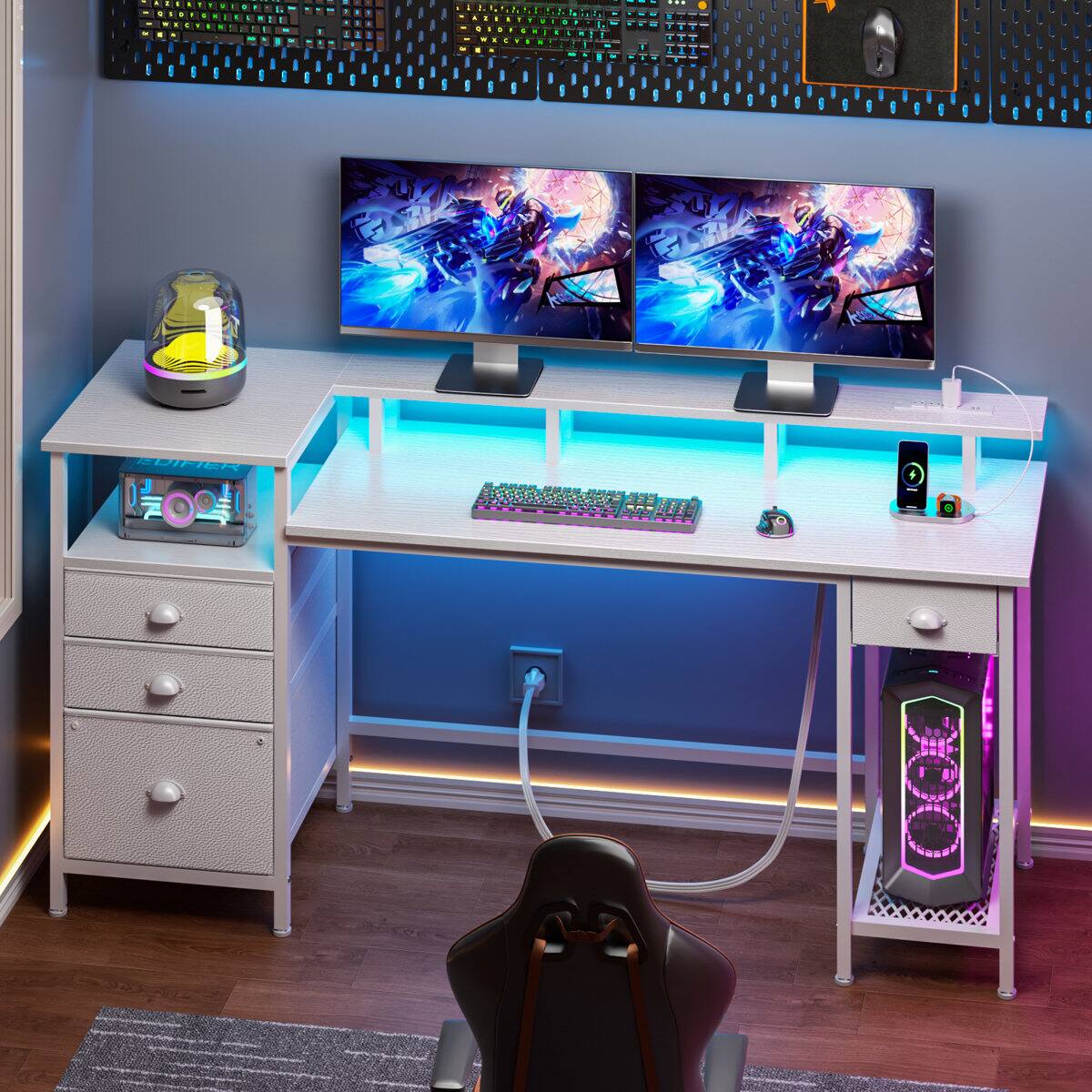 Alt View 1. Furnulem - Gaming Desk with LED Lights Power Outlets  Monitor Stand Home Office Desk with 3 Fabric Drawers  1 File Cabinet - White.