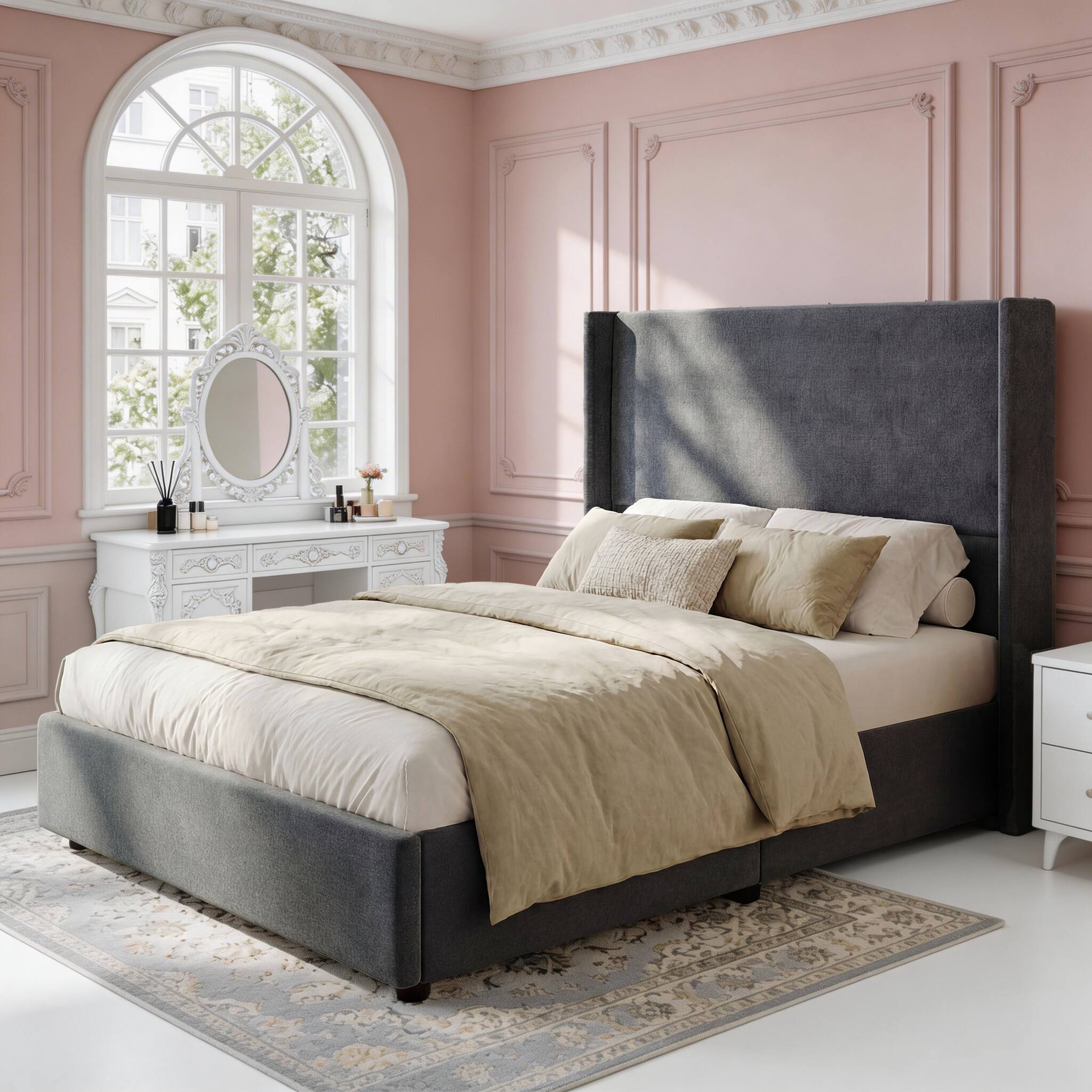 Front. Dyonery - Bed Frame Linen Fabric Upholstered Platform with 55.51" Tall Headboard Wingback and Wooden Slats Support, Non-Slip - Dray.