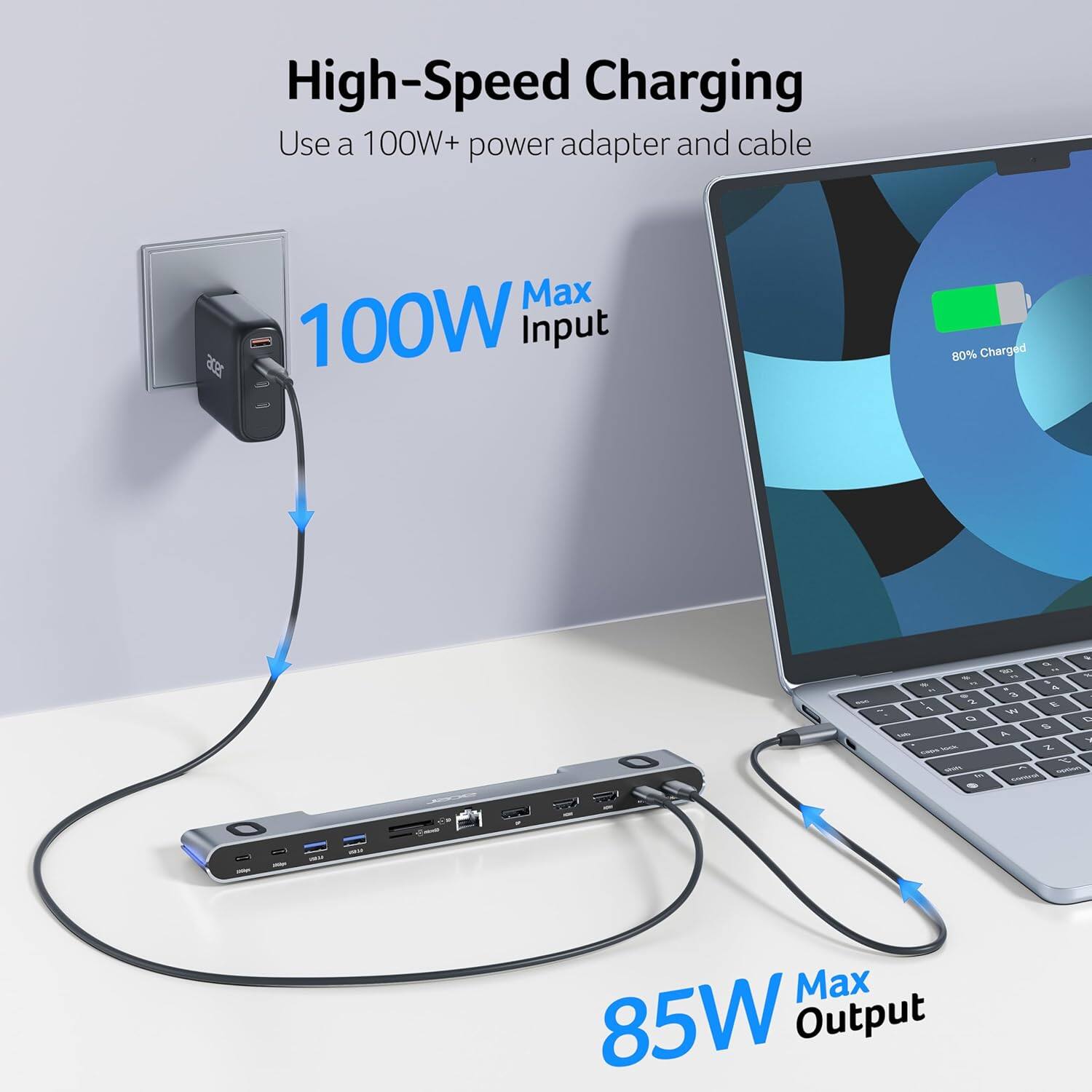 High-Speed Charging  
Use a 100W+ power adapter and cable  

100W Max Input  
80% Charged  

85W Max Output