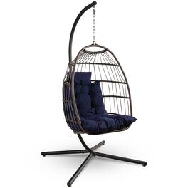 Fabibe - Foldable Egg Chair with Stand Outdoor Indoor Rattan Wicker Hanging Swing Hammock with Waterproof Cushion - Deep Blue