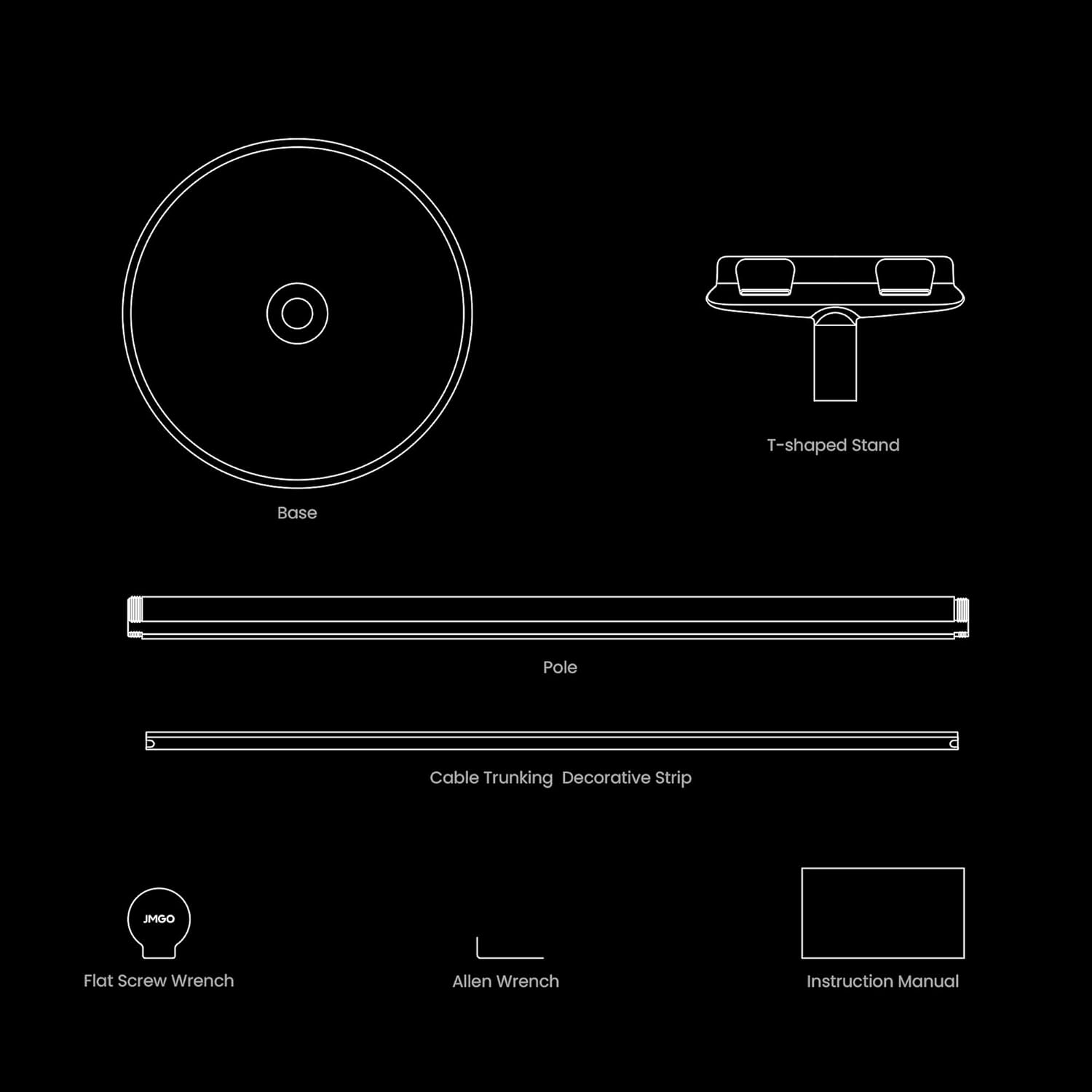T-shaped Stand, Base, Pole, Cable Trunking, Decorative Strip, JMGO, Flat Screw Wrench, Allen Wrench, Instruction Manual