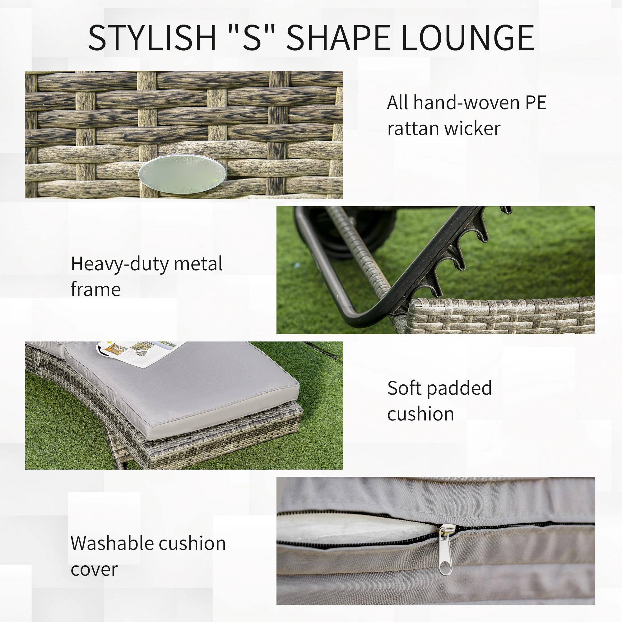 STYLISH "S" SHAPE LOUNGE

- All hand-woven PE rattan wicker
- Heavy-duty metal frame
- Soft padded cushion
- Washable cushion cover