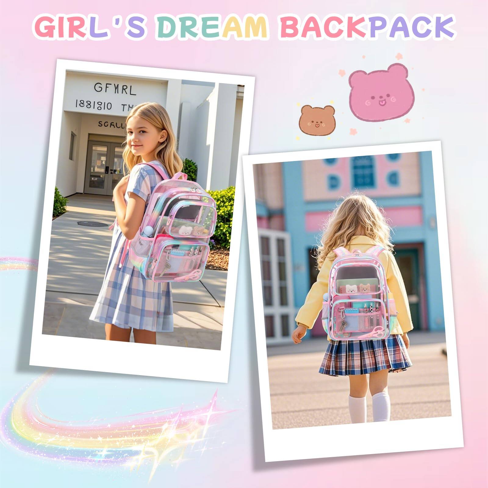 Left. Pacoar Cade - Pink Clear Backpack For Heavy Duty Bookbag  See Through School Stadium Events And Concert Transparent Backpacks - Purple.