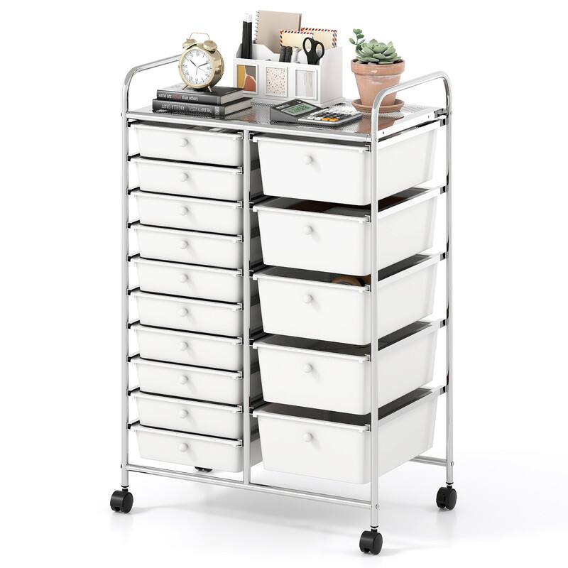 Front. WELLFOR - 15-Drawer Utility Rolling Storage Cart with Metal Tabletop , Drawer Organizer for Craft Office School Storage - White.