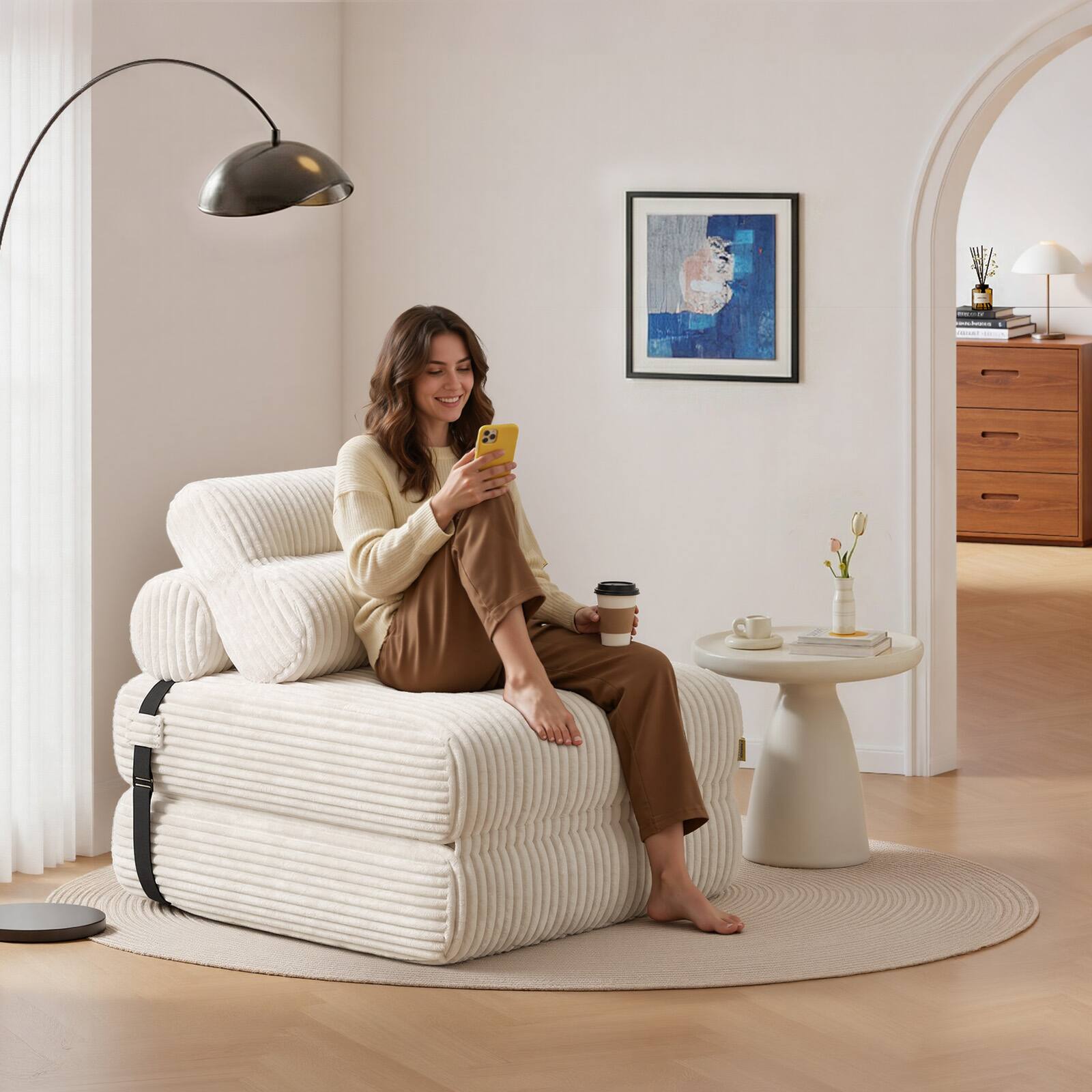 Alt View 1. Pinmoco - Pinmoco Folding Single Sofa Bed, Corduroy Convertible Sleeper Sofa with Pillow, Accent Chair for Living Room & Bedroom - Off White.