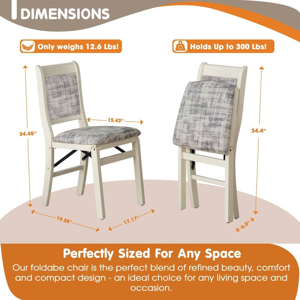 DIMENSIONS

Only weighs 12.6 Lbs!  
Holds Up to 300 Lbs!  

15.43"  
34.45"  
34.4"  
19.88"  
17.17"  
4-6.0"  

Perfectly Sized For Any Space  
Our foldable chair is the perfect blend of refined beauty, comfort and compact design - an ideal choice for any living space and occasion.