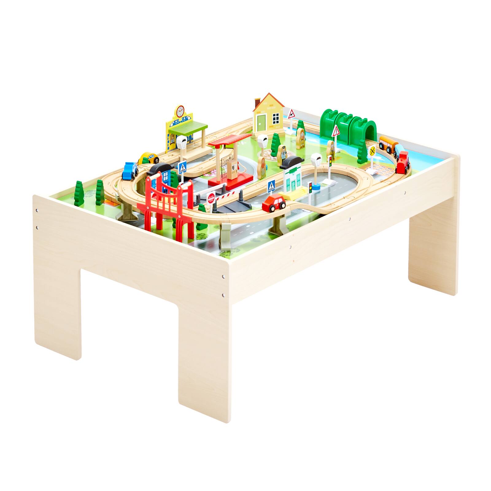 Alt View 5. VEVOR - Train Table, 84 Multicolor Pieces Wooden Kids Activity Table with Collapsible Storage Bin, 3-in-1 Wooden Train Set - Wood.