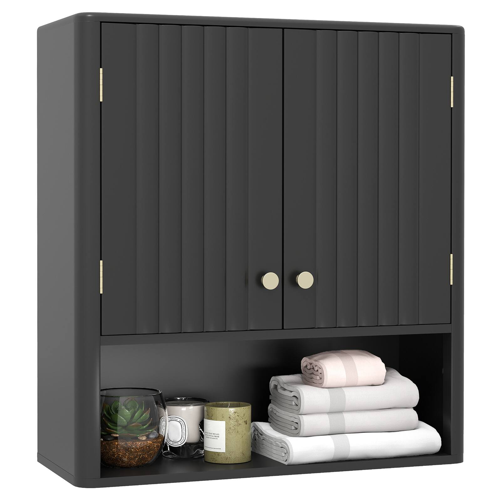 Front. Gymax - Gymax Bathroom Wall Cabinet w/Fluted Doors Adjustable Shelf Open Storage Cube Black - Black.