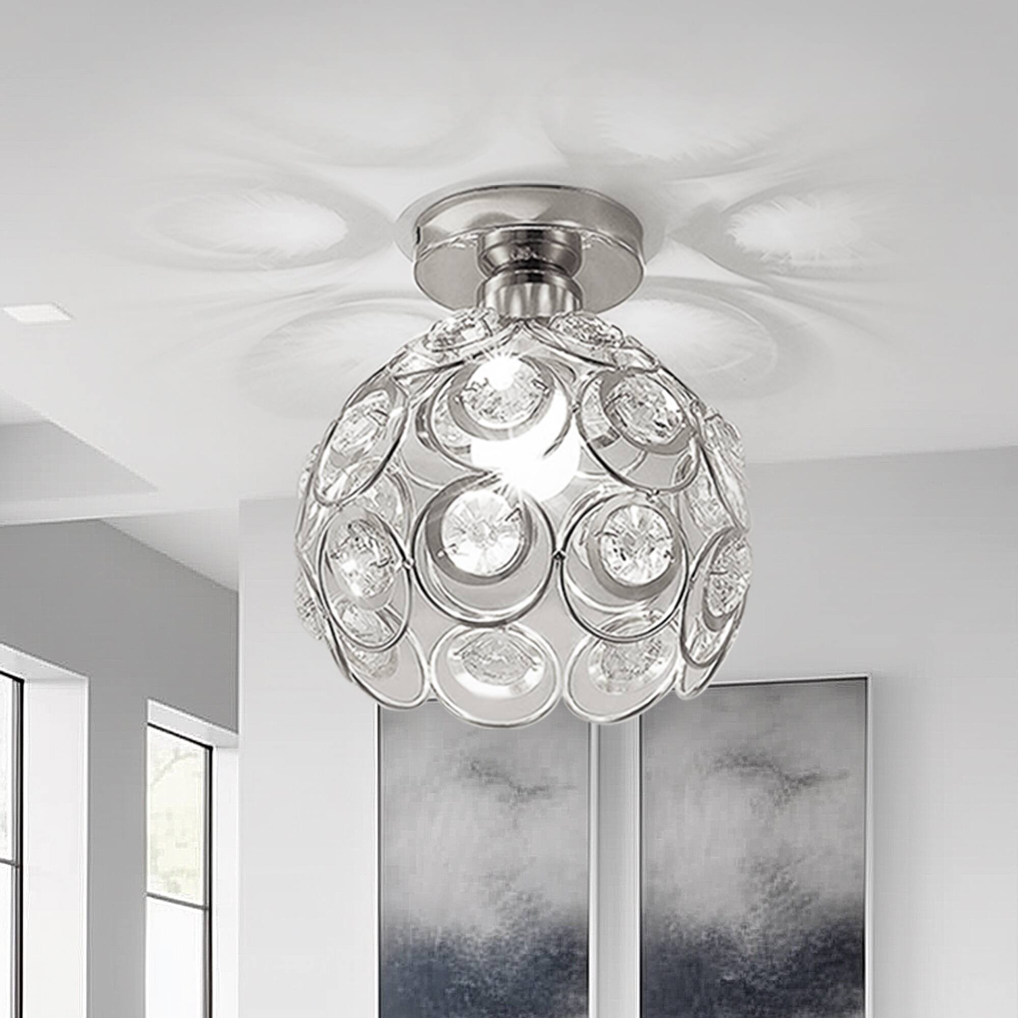Angle. Jandcase - JANDCASE Silver Crystal Semi-Flush Mount Ceiling Light, E26 Socket, Non-Integrated Bulbs for Entryway Hallway - Silver.