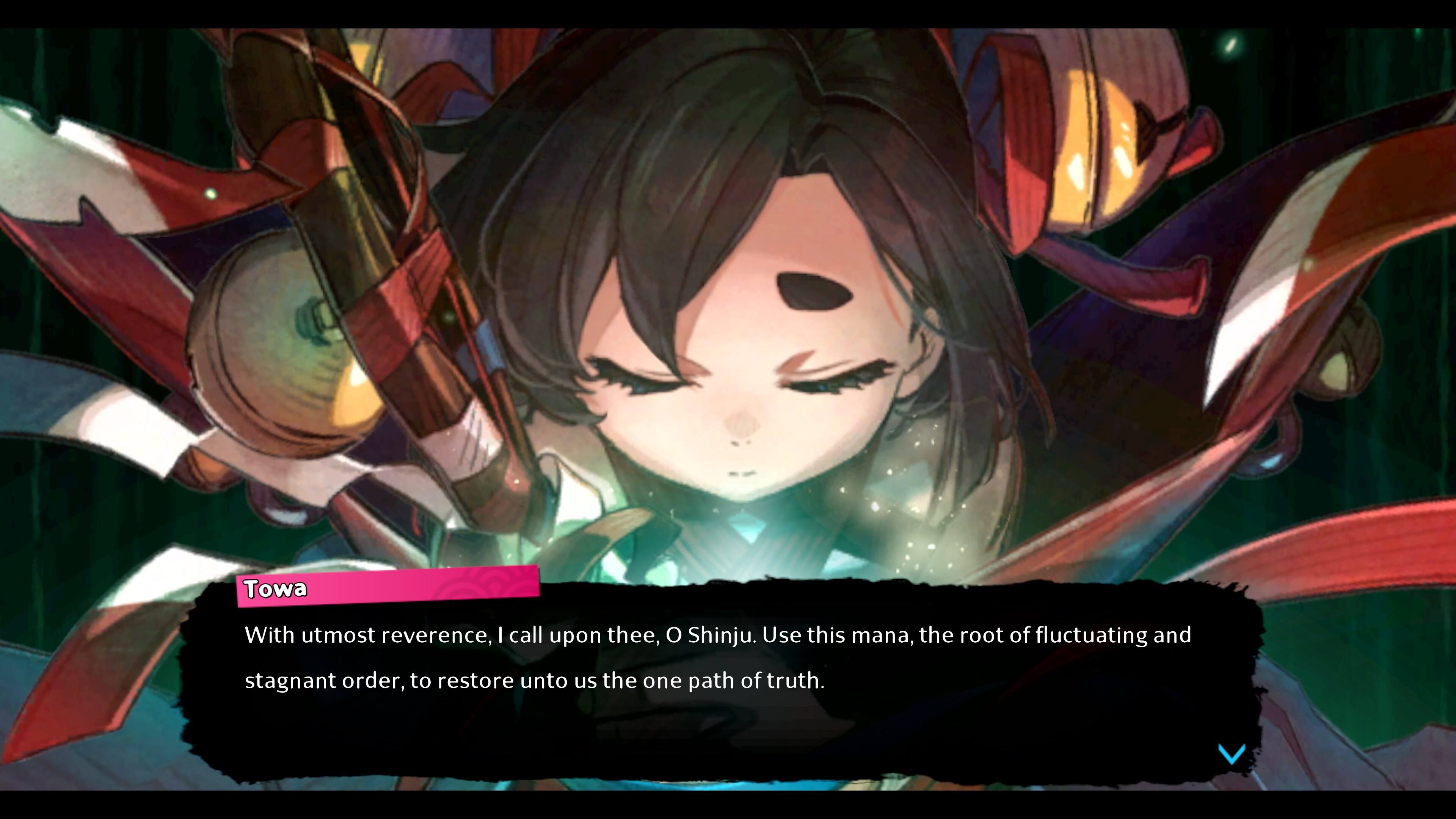 Towa

With utmost reverence, I call upon thee, O Shinju. Use this mana, the root of fluctuating and stagnant order, to restore unto us the one path of truth.