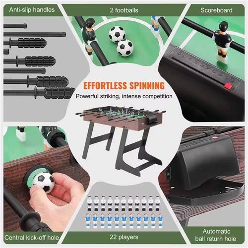 Anti-slip handles  
2 footballs  
Scoreboard  
EFFORTLESS SPINNING  
Powerful striking, intense competition  
Central kick-off hole  
22 players  
Automatic ball return hole