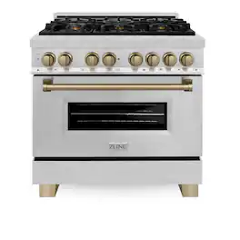 ZLINE - Autograph 36 in. 4.6 cu. ft. Legacy Freestanding Dual Fuel Range with 6 Burners & Convection Oven w/ Bronze Accents - Stainless Steel/Champagne Bronze Accents