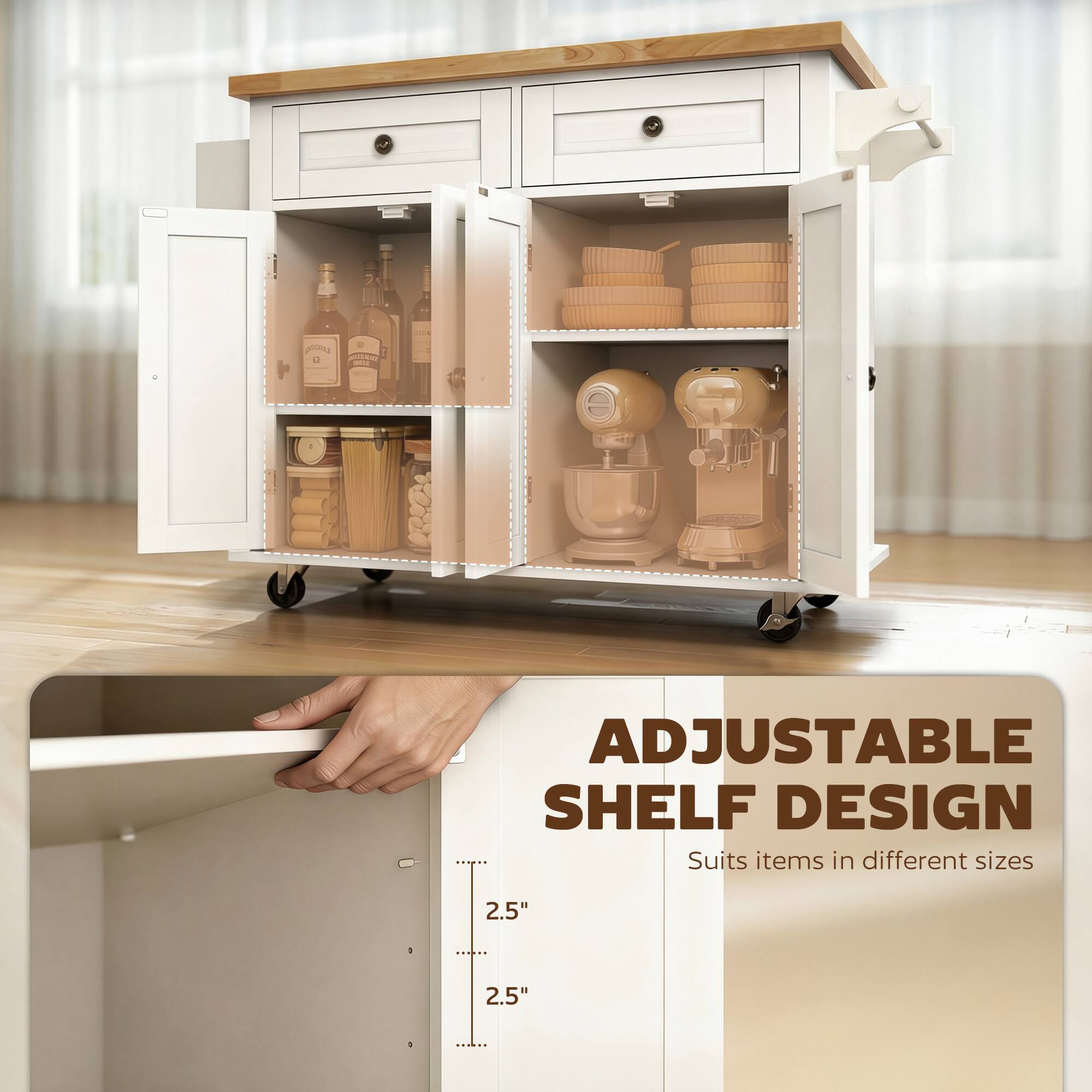 1. ADJUSTABLE SHELF DESIGN  
   Suits items in different sizes  
   2.5"  
   2.5"