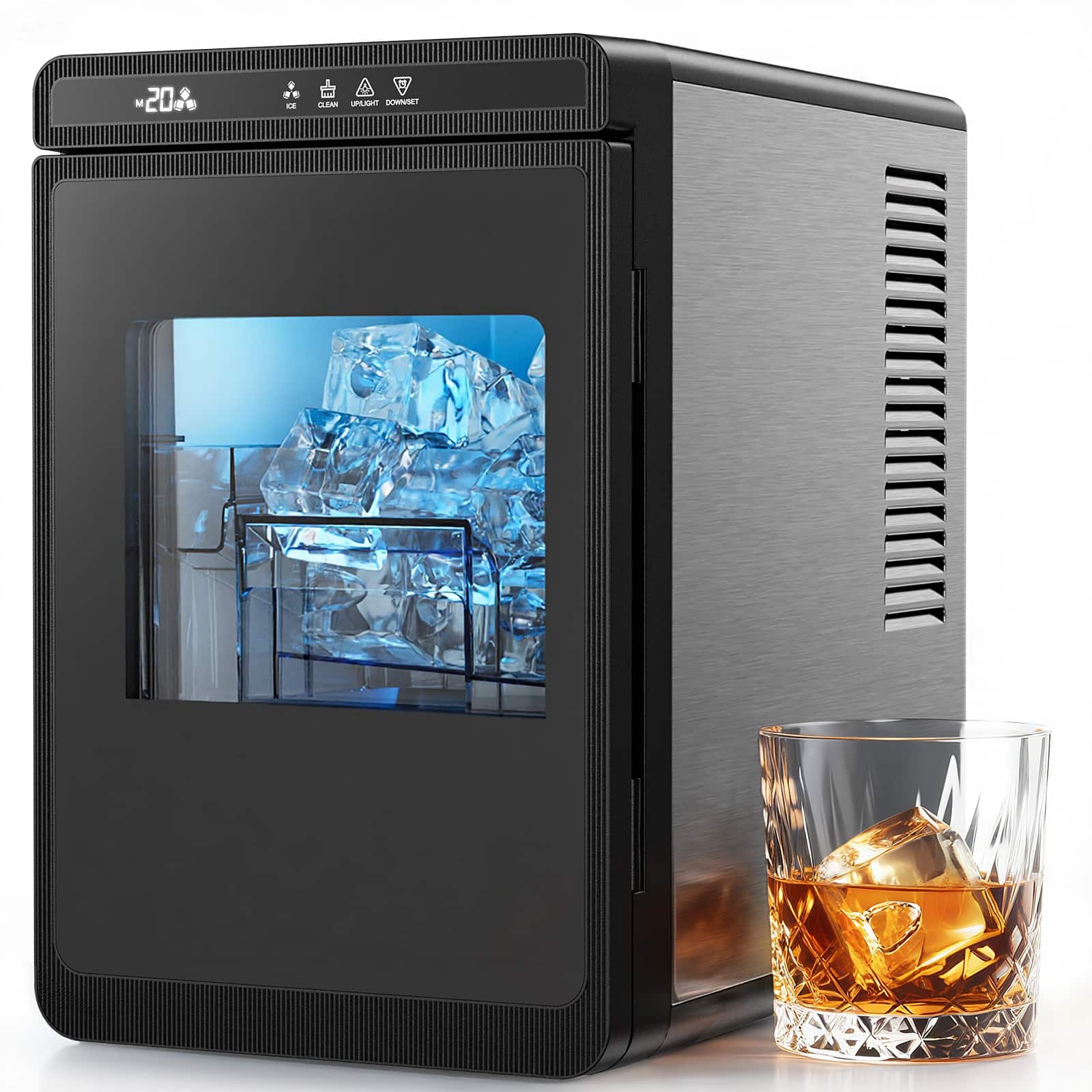 Silonn - Countertop Clear Ice Cube Maker for the Perfect Cocktail, Makes 3 Large 1.6″ Cubes in 20 Mins, Adjustable & Auto Clean - Black