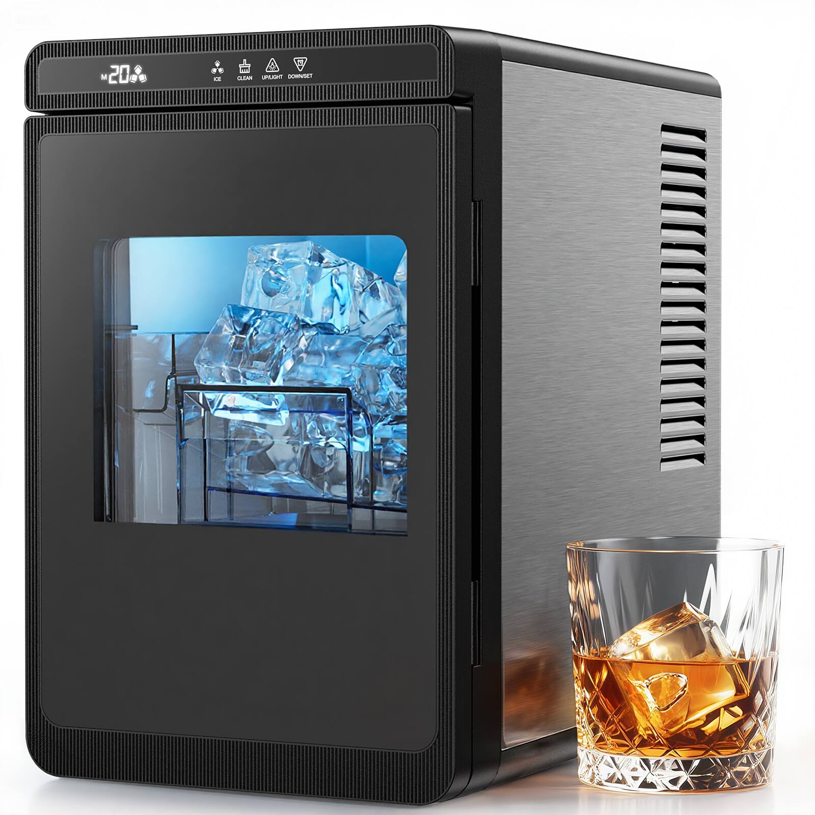 Front. Silonn - Countertop Clear Ice Cube Maker for the Perfect Cocktail, Makes 3 Large 1.6″ Cubes in 20 Mins, Adjustable & Auto Clean - Black.