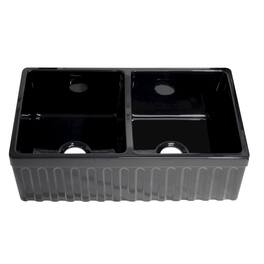 Whitehaus - Farmhaus Fireclay Quatro Alcove Reversible Double Bowl Sink with a Fluted Front Apron and 2" Lip on One Side and 2 ½" Li - Black
