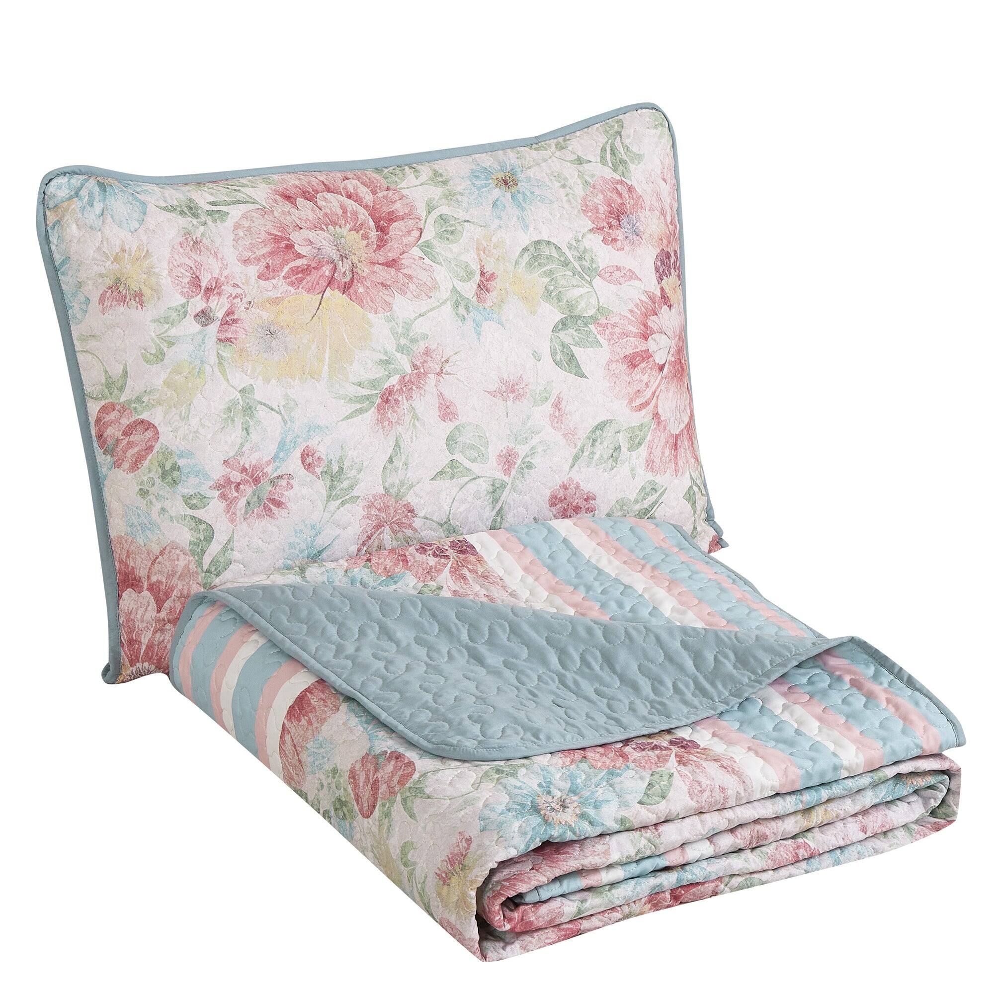 Alt View 1. MarCielo - MarCielo 3 Piece Lightweight Quilt Bedspread Set Reversible Floral Botanical - Peony Blue Border.